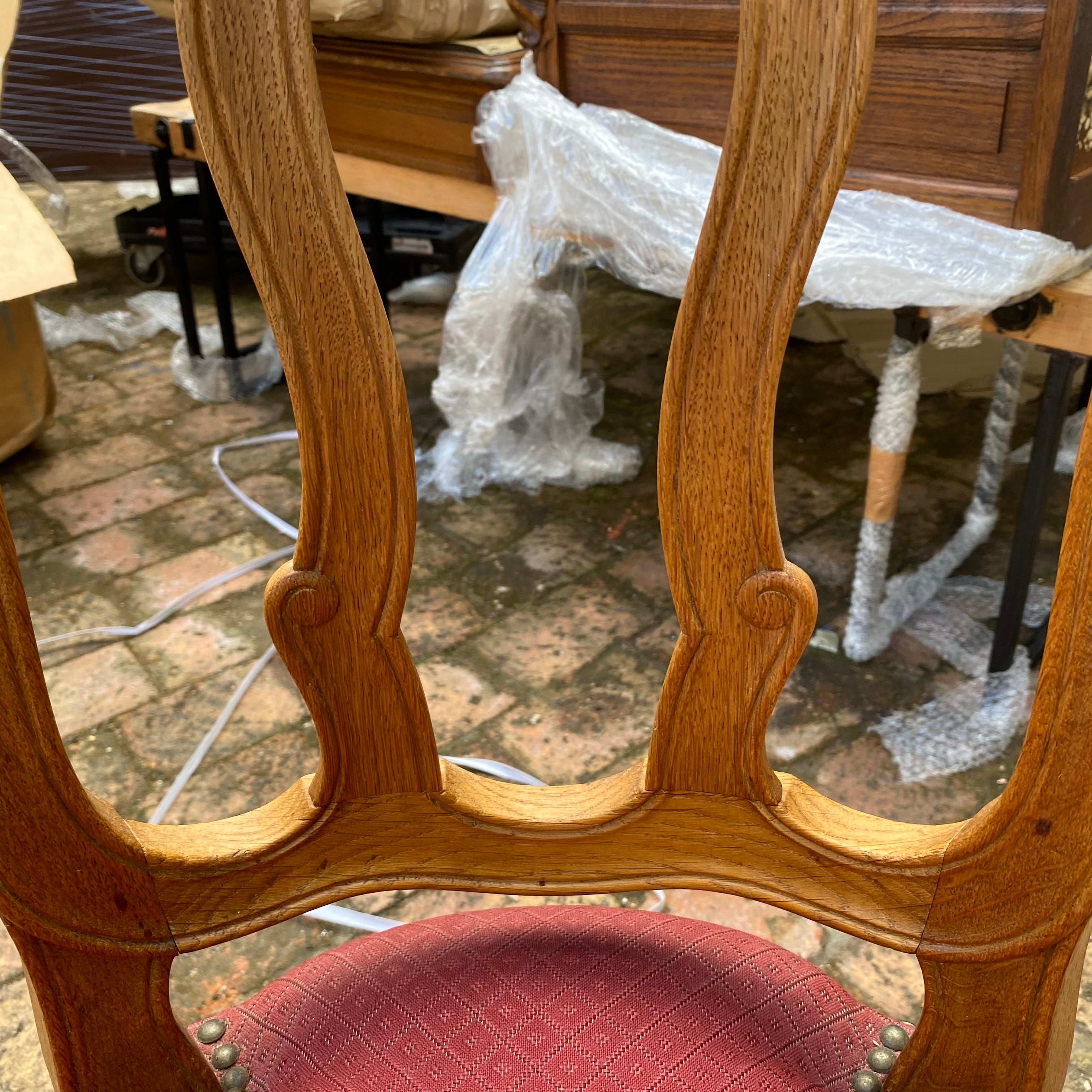 Set of 8 Antique Oak Dining Chairs in Red