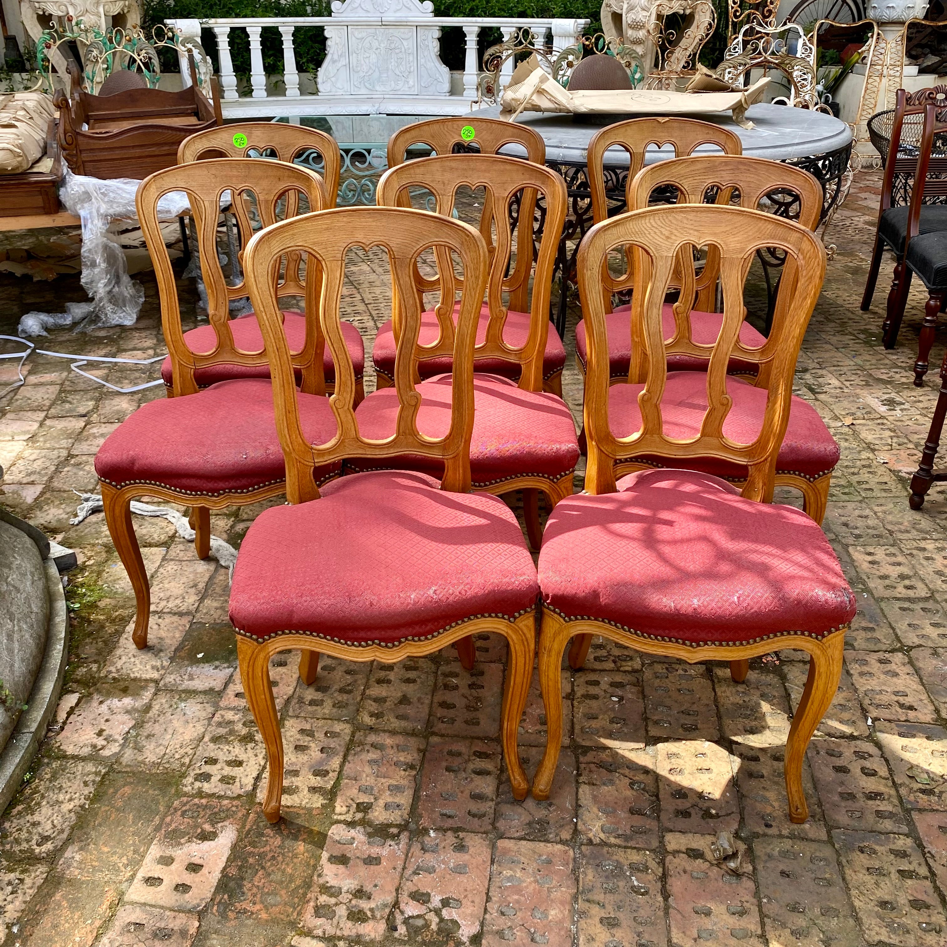 Set of 8 Antique Oak Dining Chairs in Red