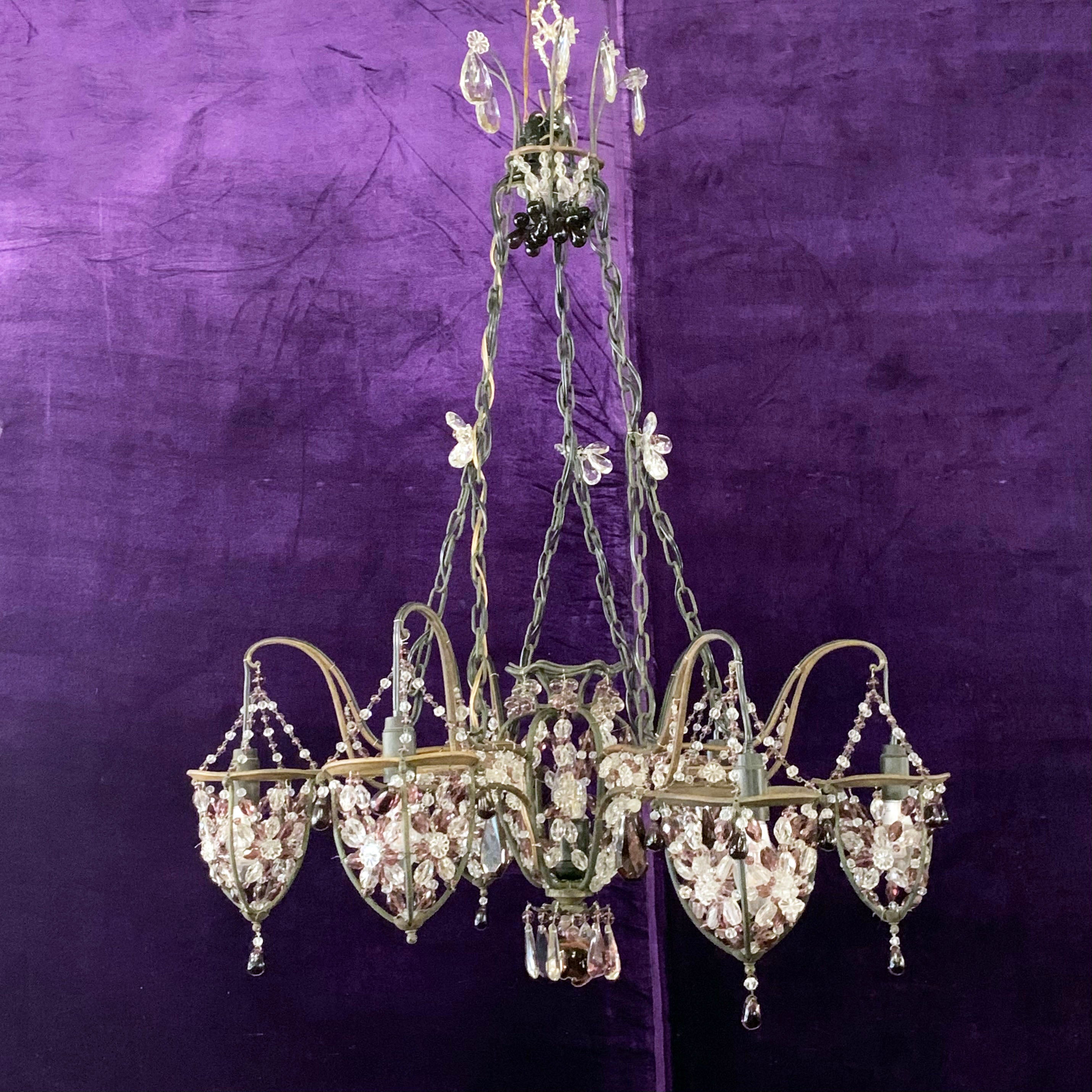 Charming Wrought Iron Chandelier with Purple Venetian Glass Crystals