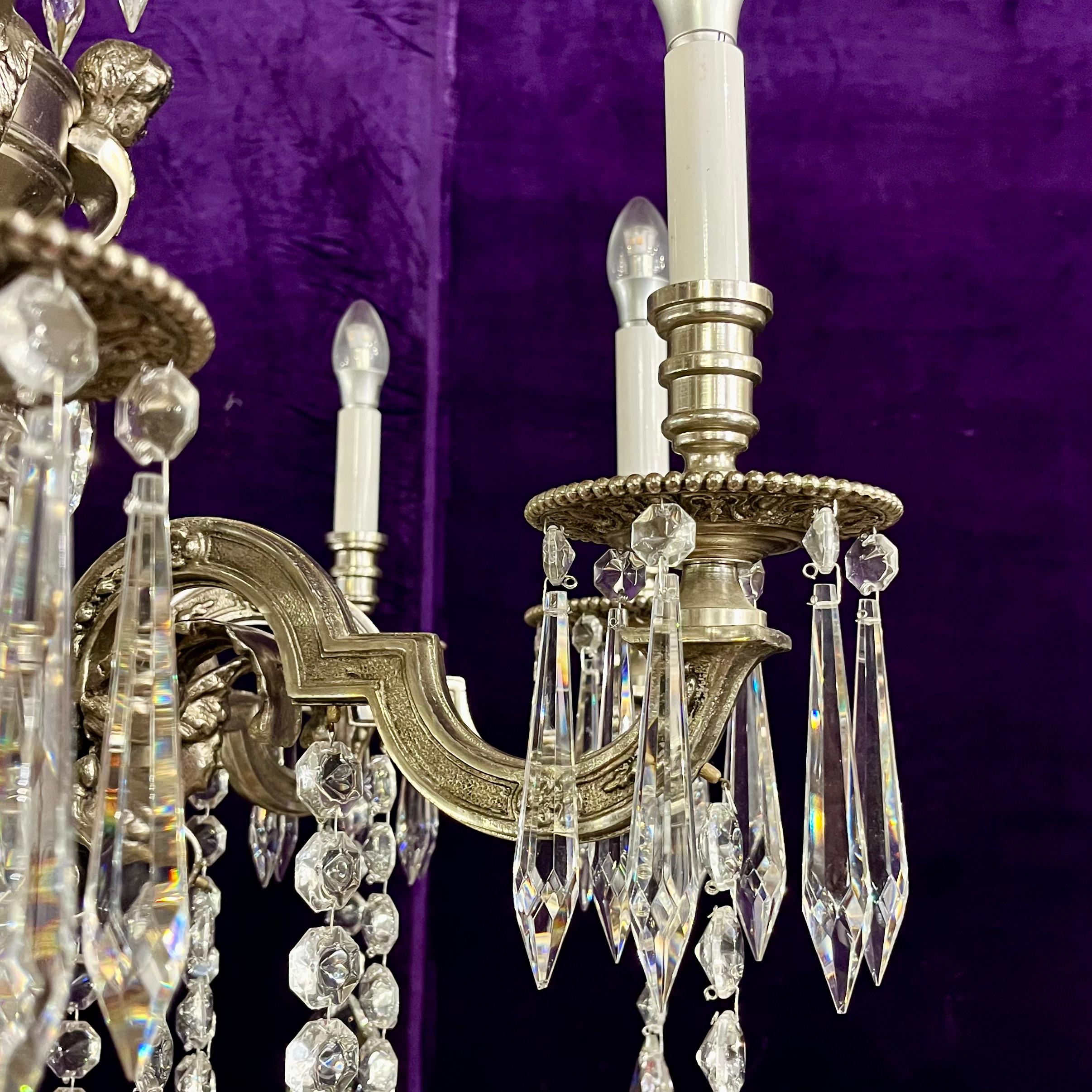 Antique Silvered Mazerine Chandelier with Large Crystal Drops