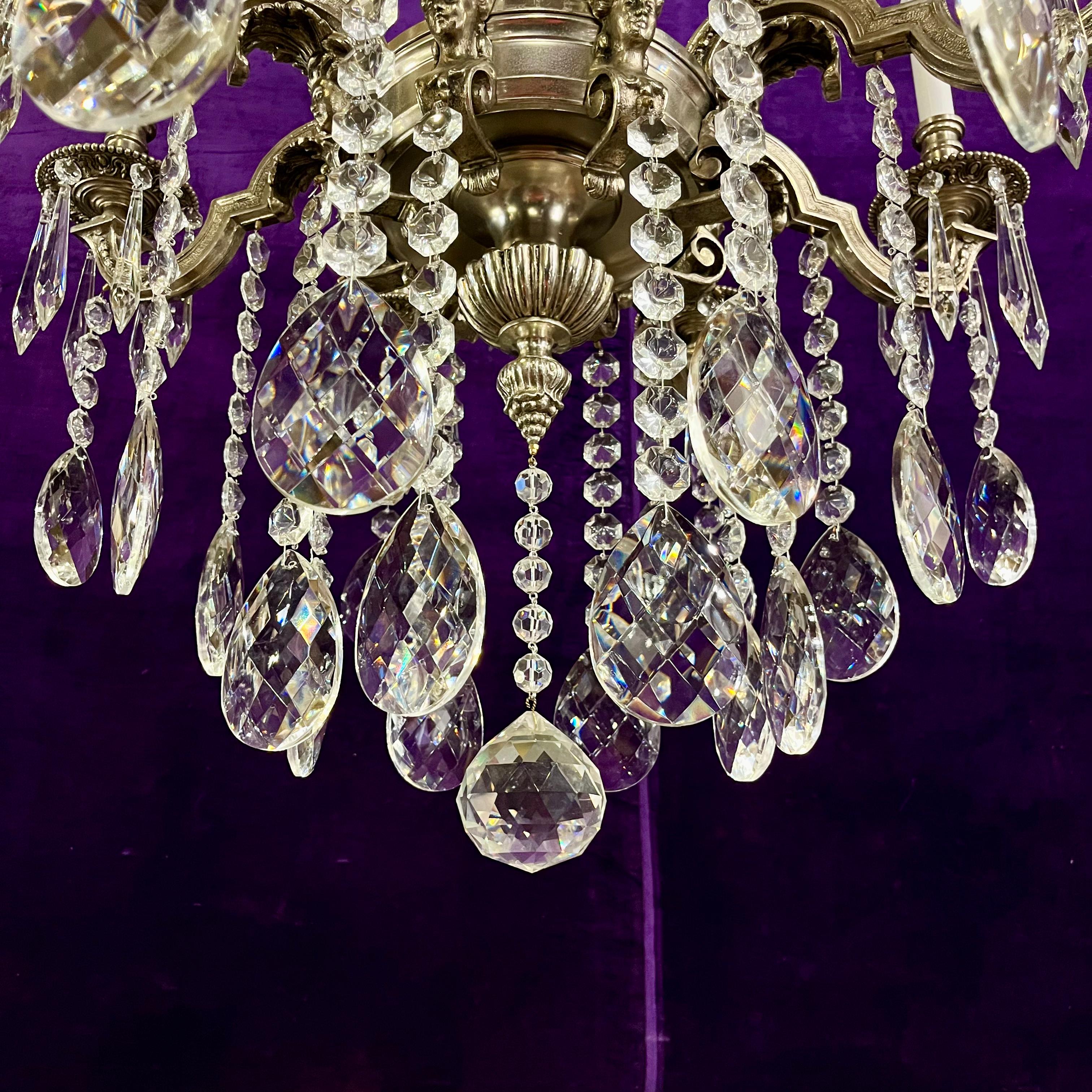 Antique Silvered Mazerine Chandelier with Large Crystal Drops