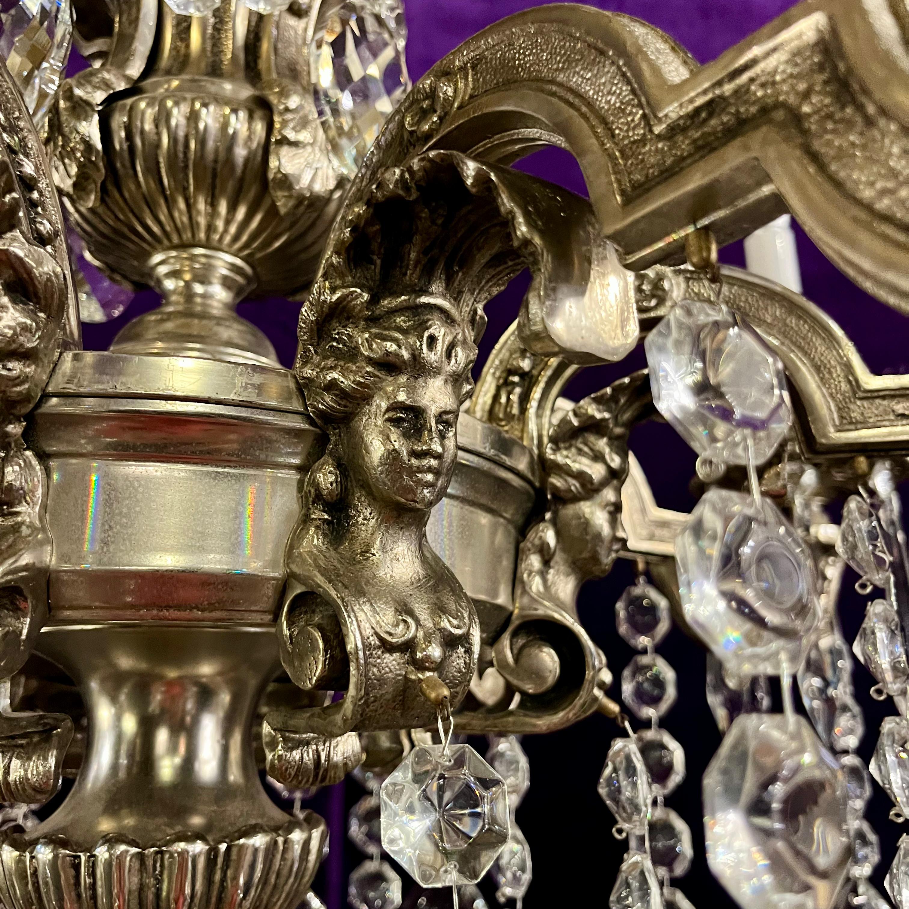 Antique Silvered Mazerine Chandelier with Large Crystal Drops