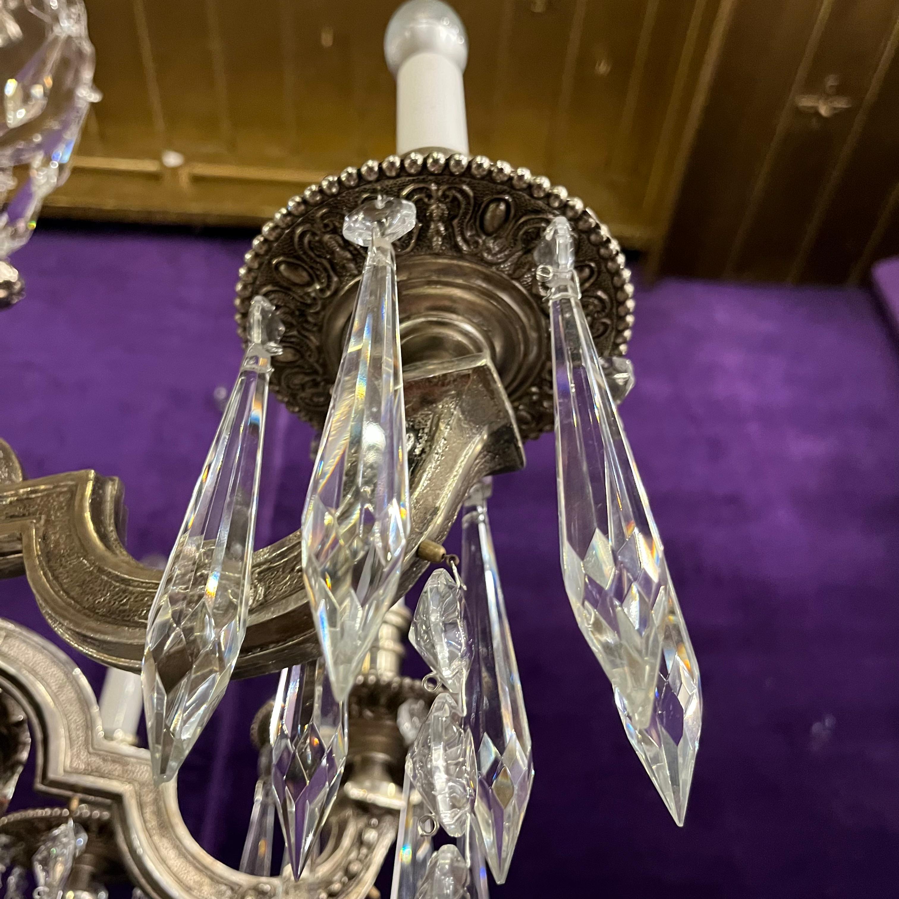 Antique Silvered Mazerine Chandelier with Large Crystal Drops