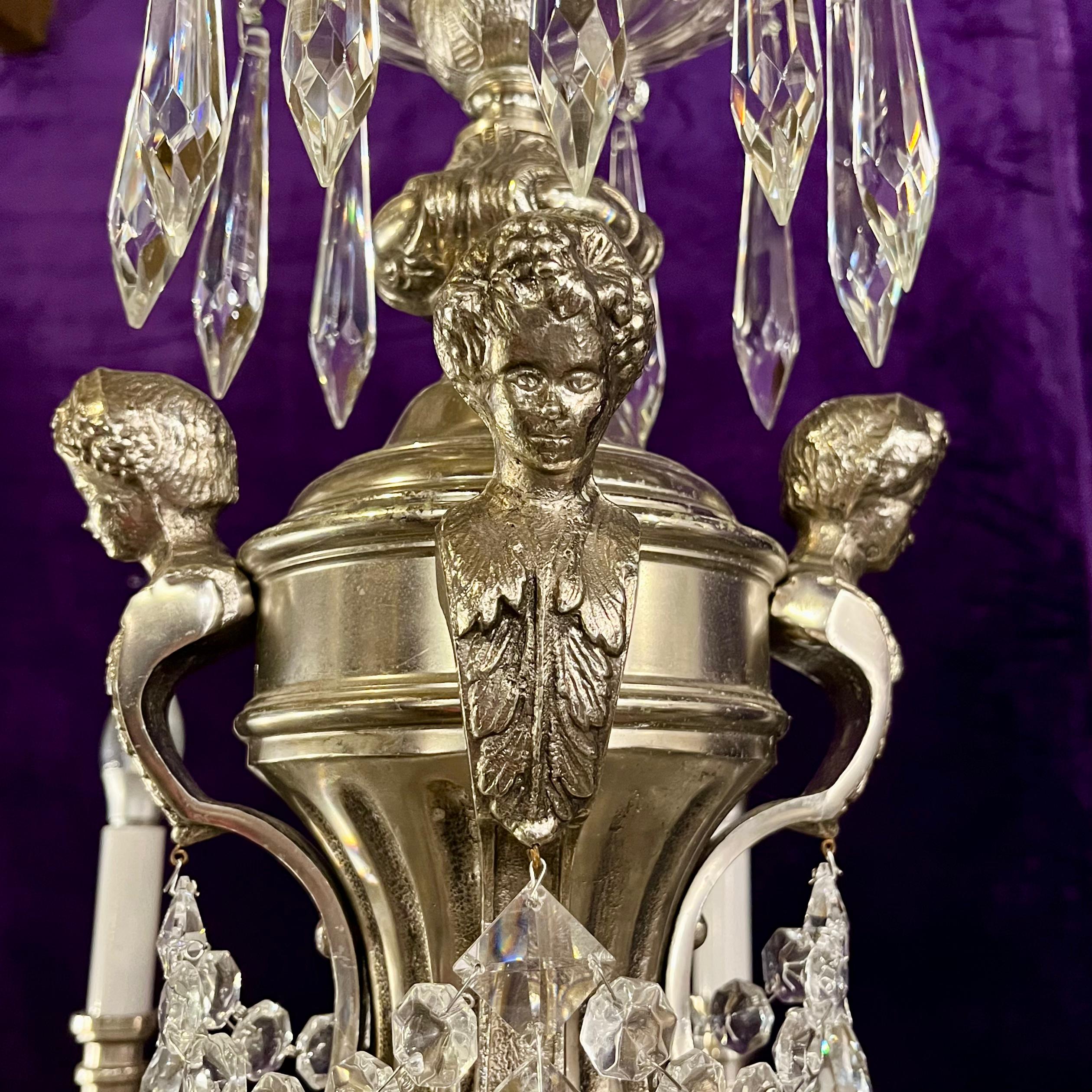 Antique Silvered Mazerine Chandelier with Large Crystal Drops