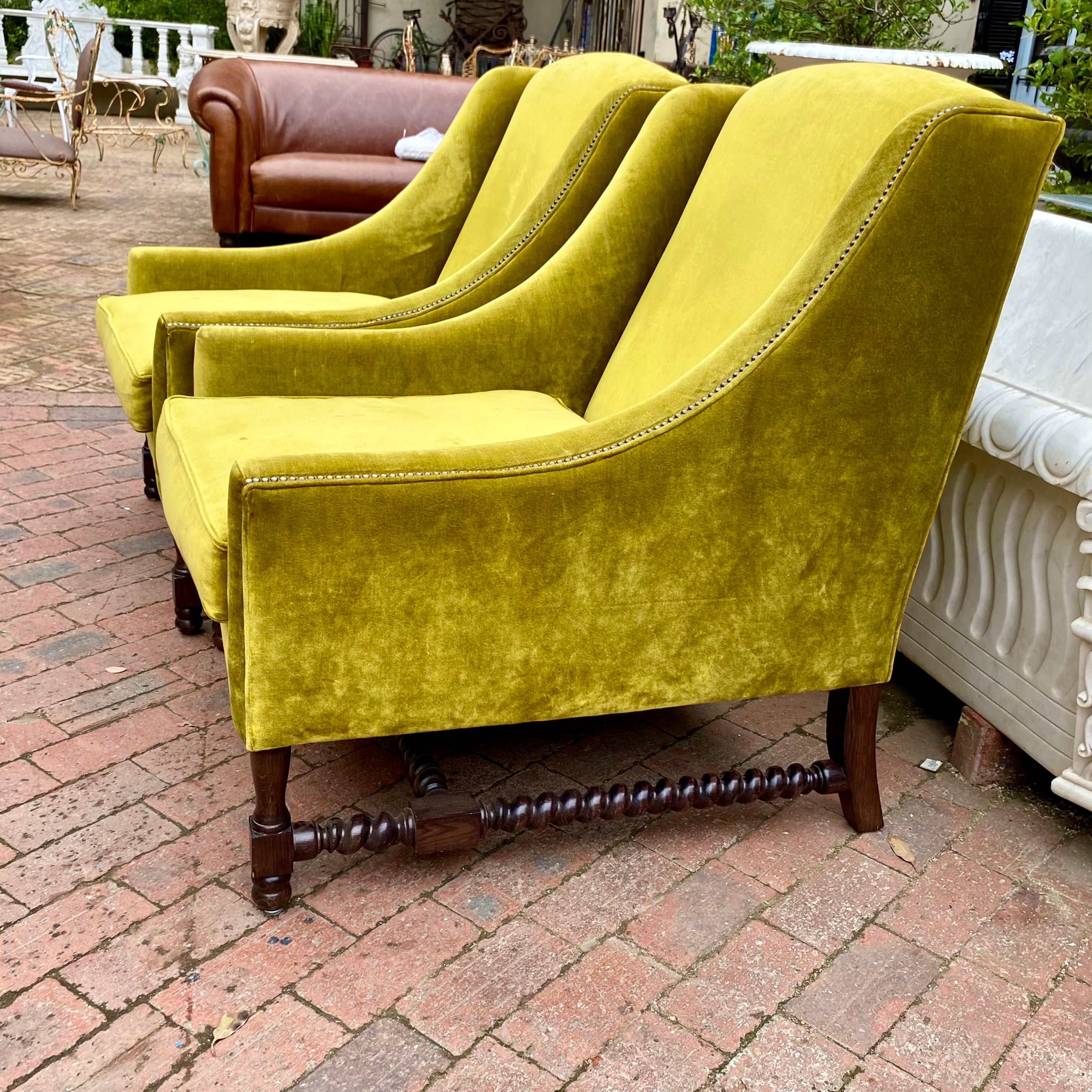 Vintage Pair of Velvet Armchairs with Barley Twist Detailing