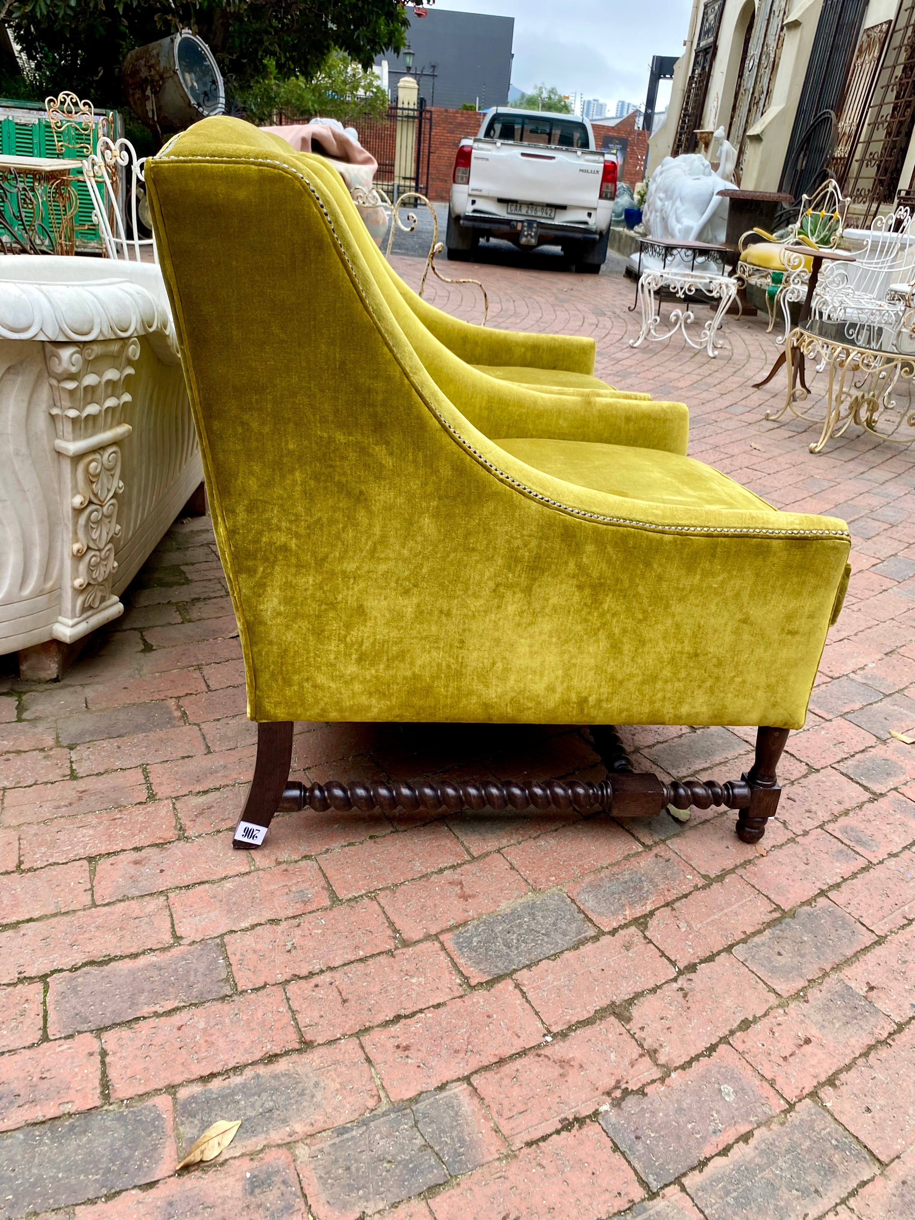 Vintage Pair of Velvet Armchairs with Barley Twist Detailing