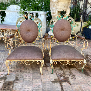 Rustic Wrought Iron Armchairs with Faux Ostrich Vinyl