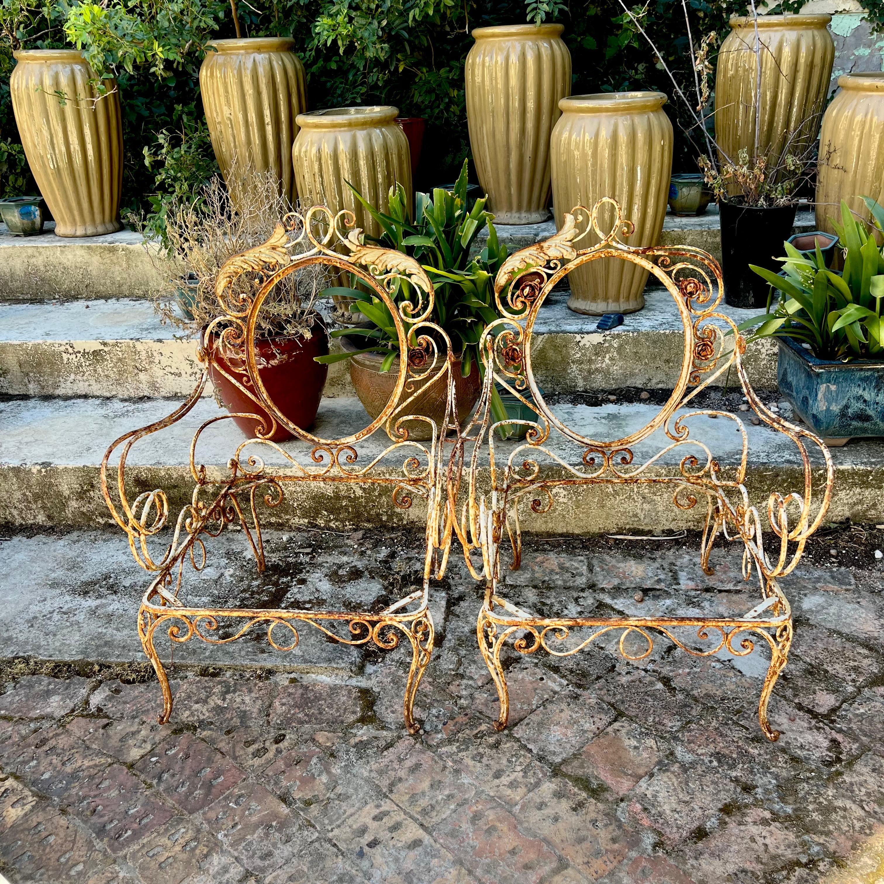 Ornate Wrought Iron Scrollwork Garden Armchairs