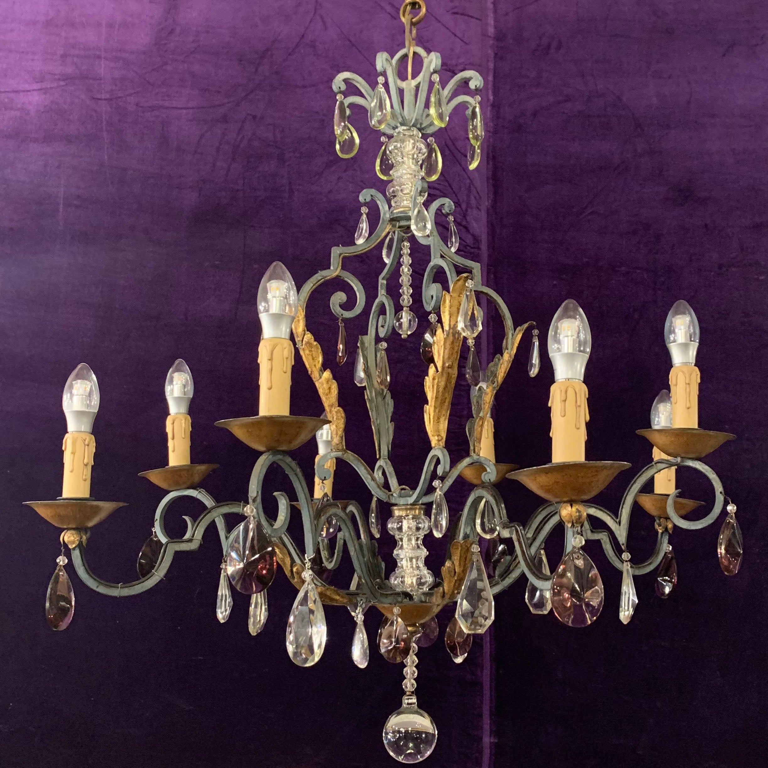 Wrought Iron Chandelier with Gold Leaf detail and Purple Crystals