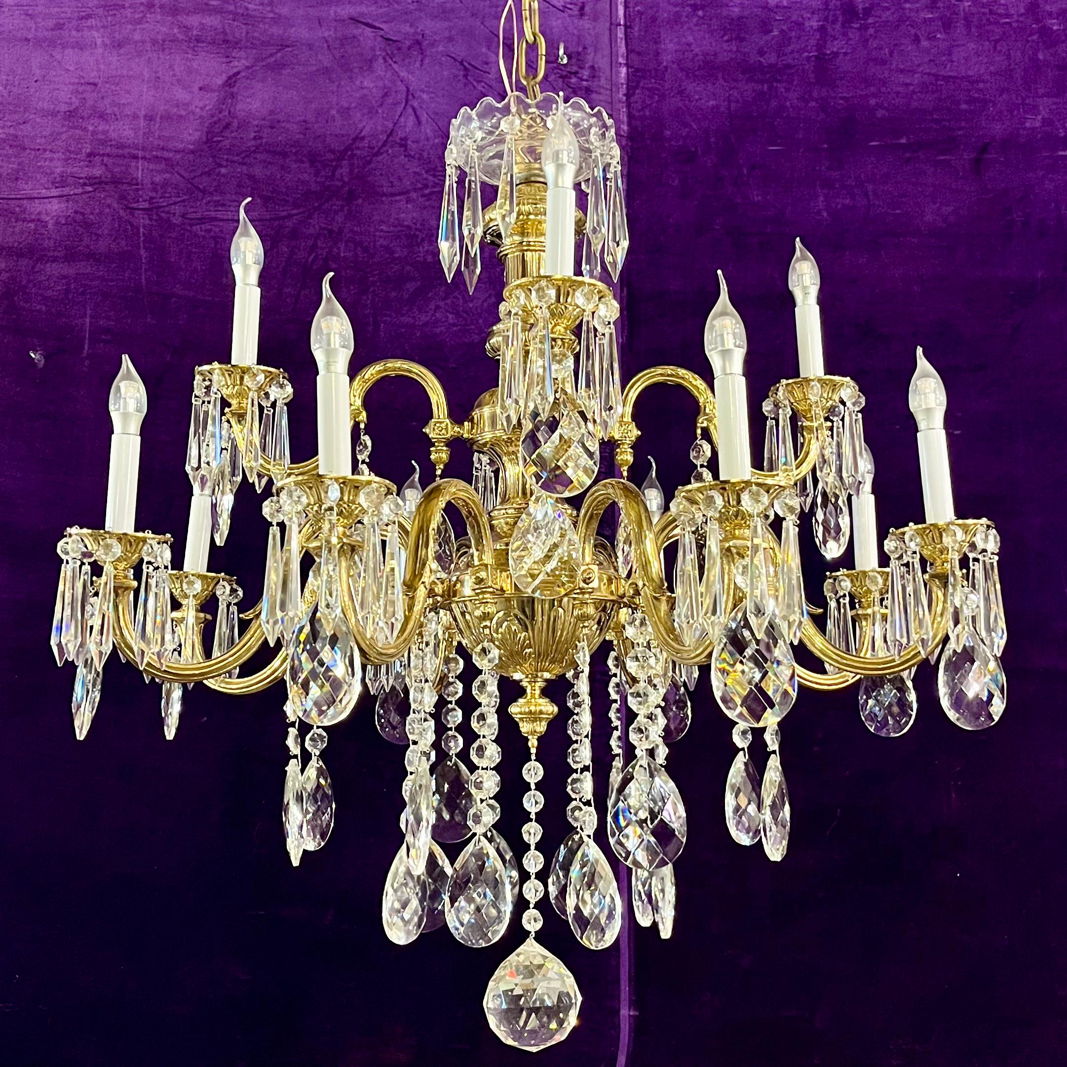 Antique French Heavy Polished Brass and Crystal Chandelier - Pair available