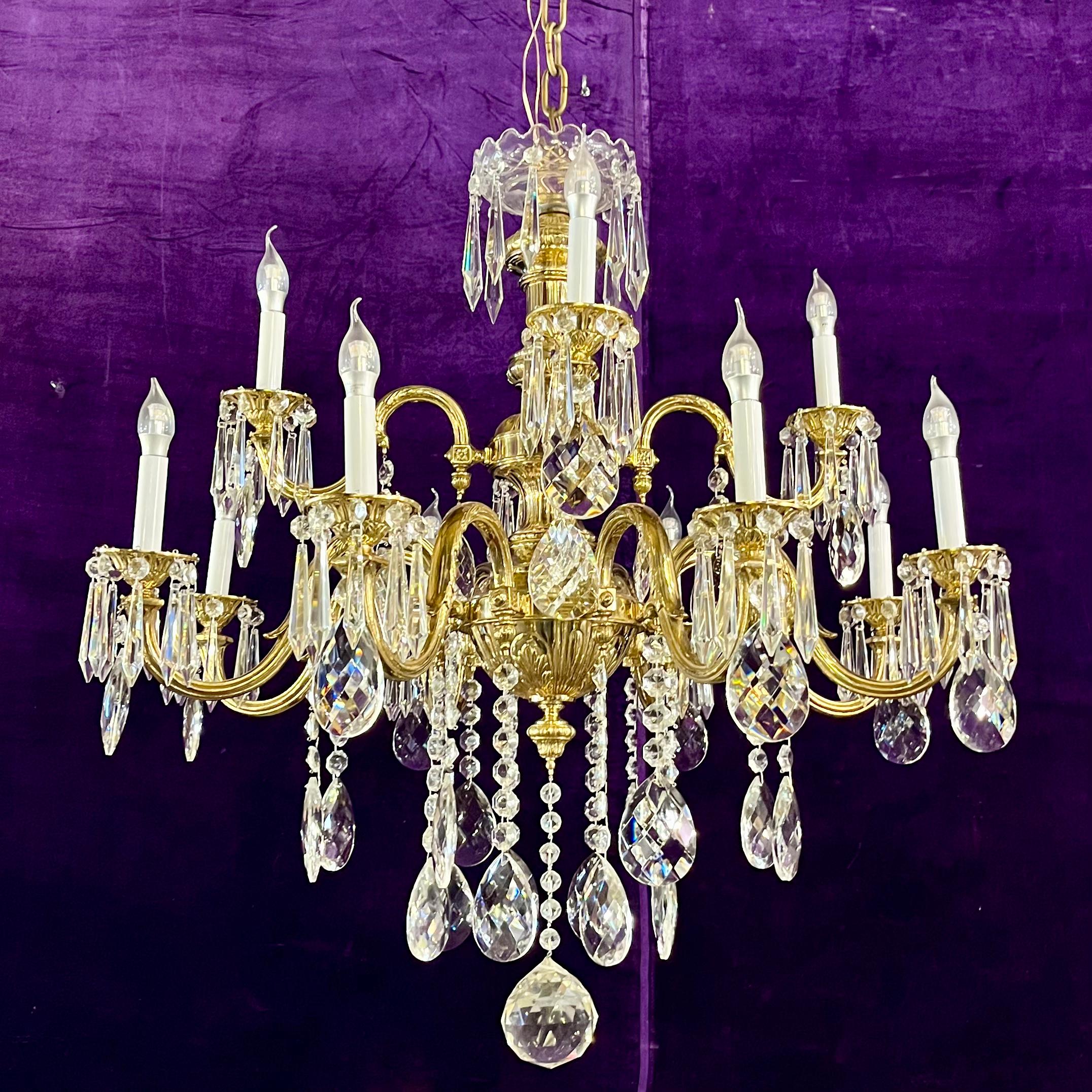 Antique French Heavy Polished Brass and Crystal Chandelier - Pair available