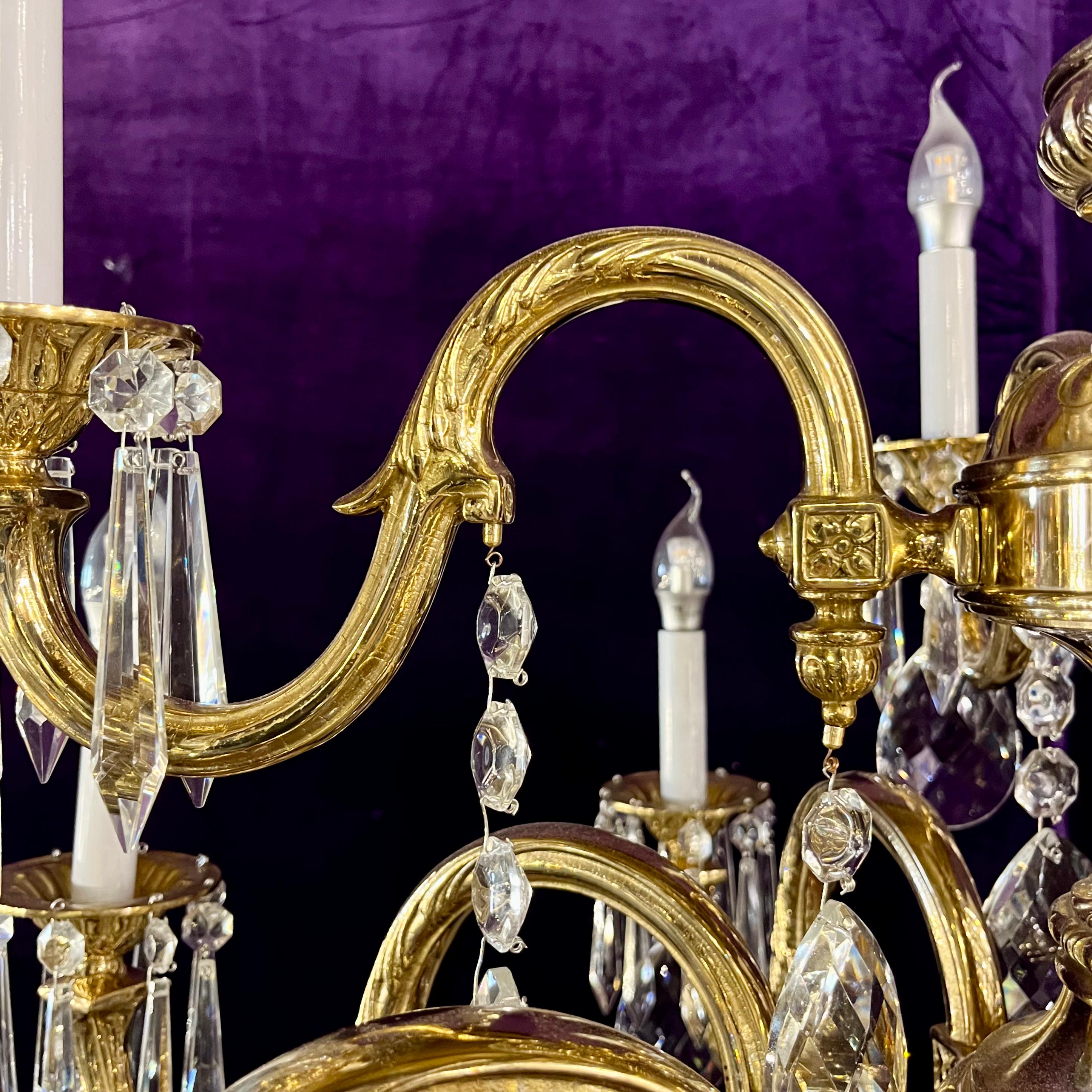 Antique French Heavy Polished Brass and Crystal Chandelier - Pair available