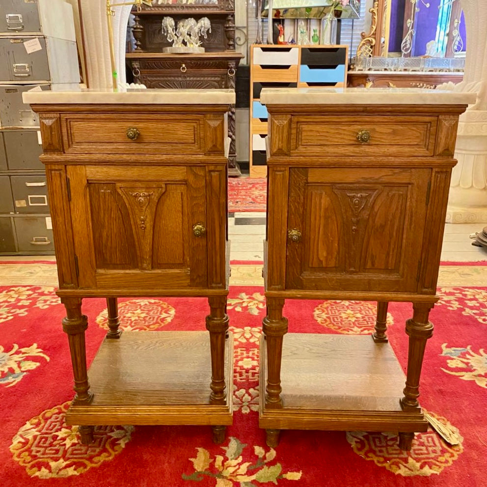 Antique Carved Oak Bedside Pedestals with White Marble Top - SOLD