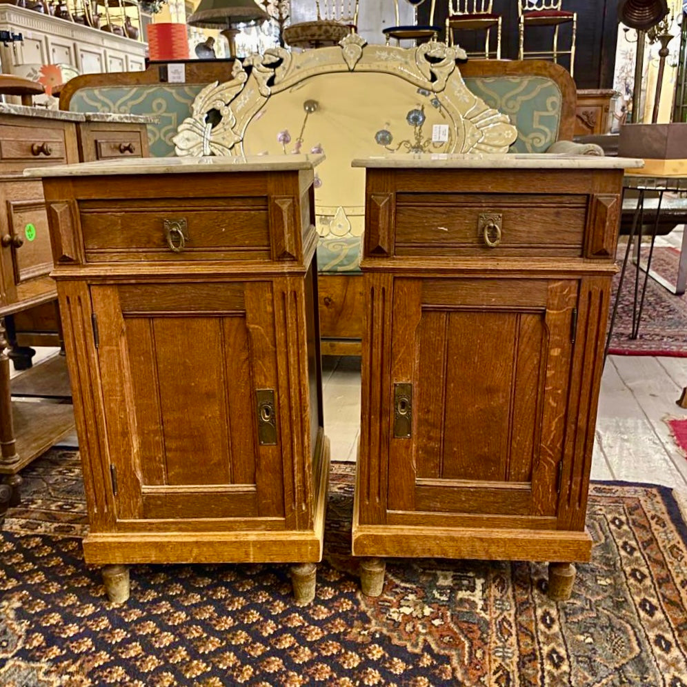 Antique Oak Bedside Pedestals with White Marble Top - SOLD