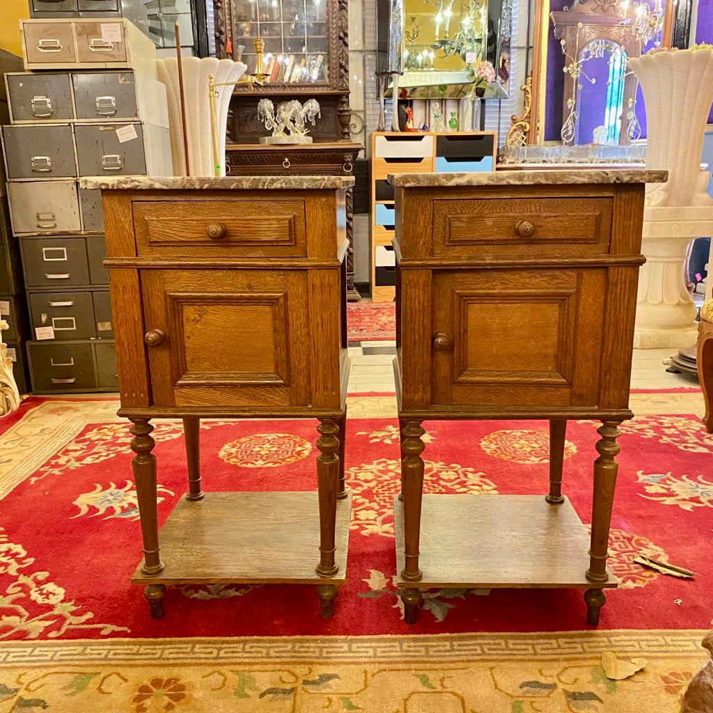 Antique Pair of Bedside Pedestals with Mottled Marble Top