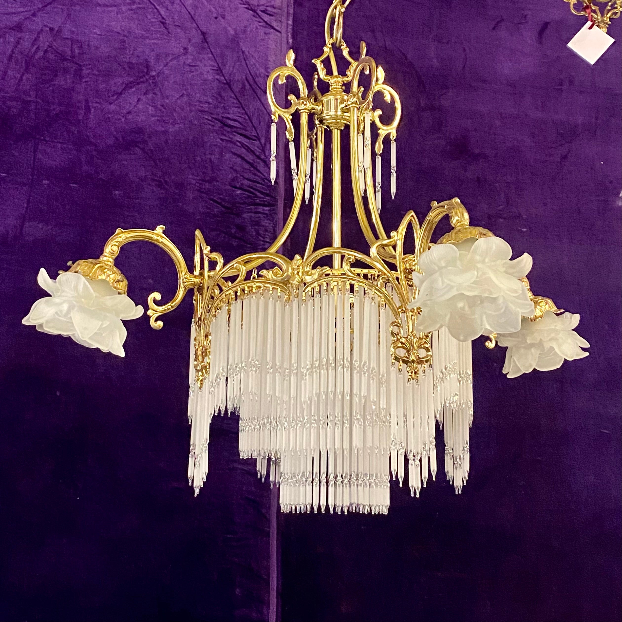 Antique Art Nouveau Chandelier with Frosted Glass Spears