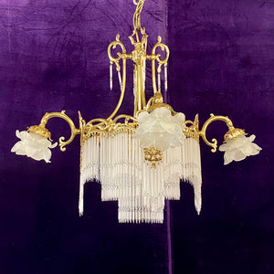 Antique Art Nouveau Chandelier with Frosted Glass Spears