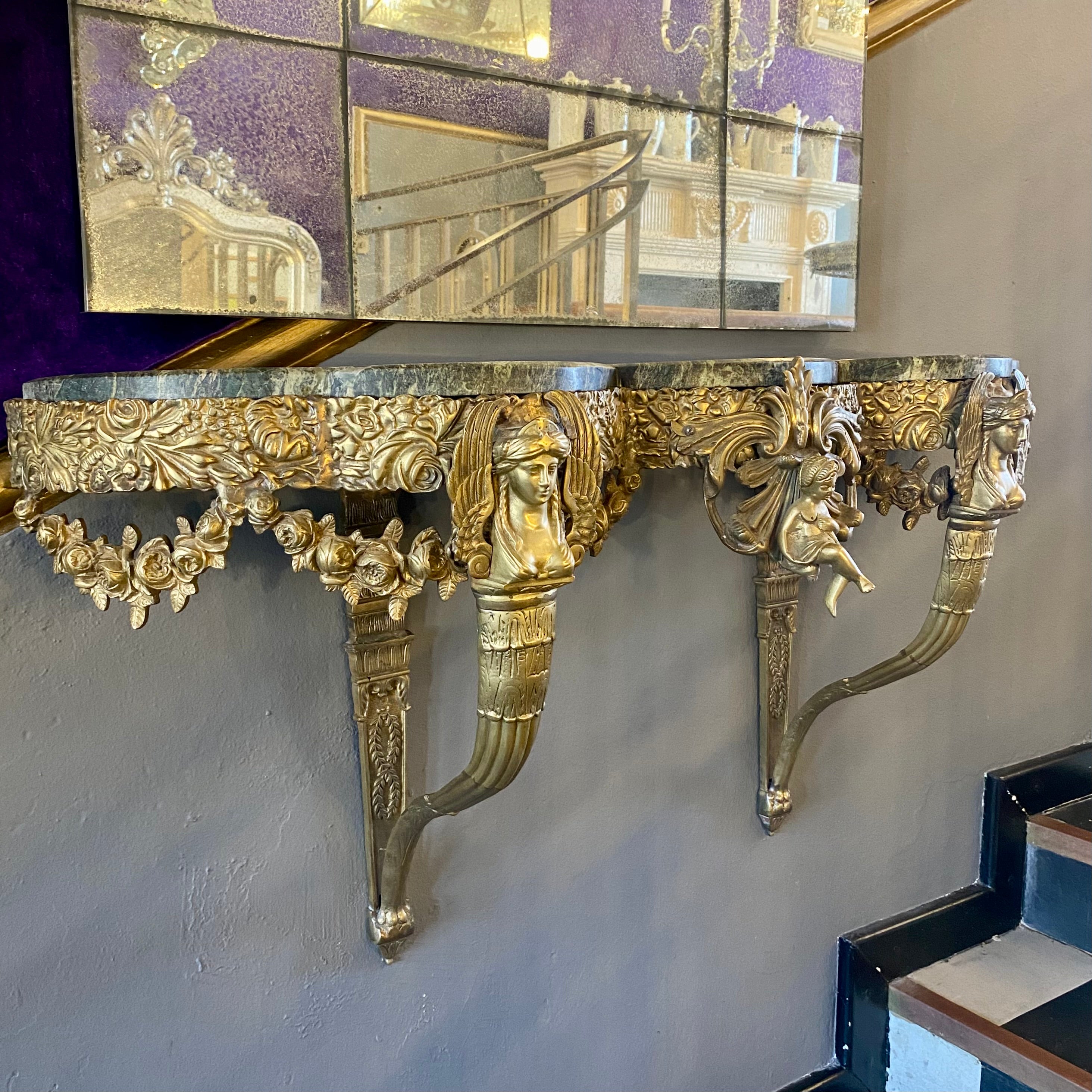 Antique Brass Console with Green Marble Top - SOLD