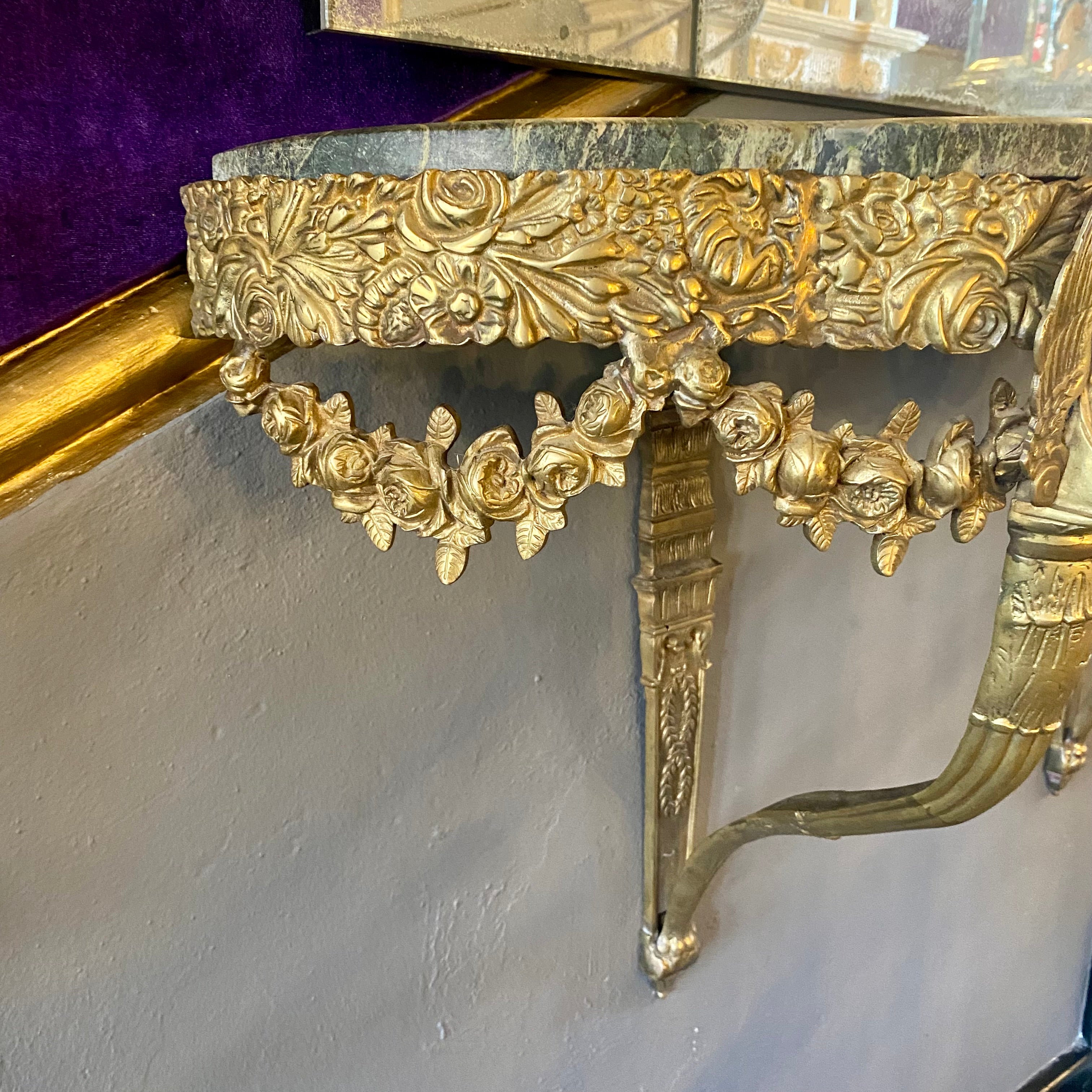 Antique Brass Console with Green Marble Top - SOLD