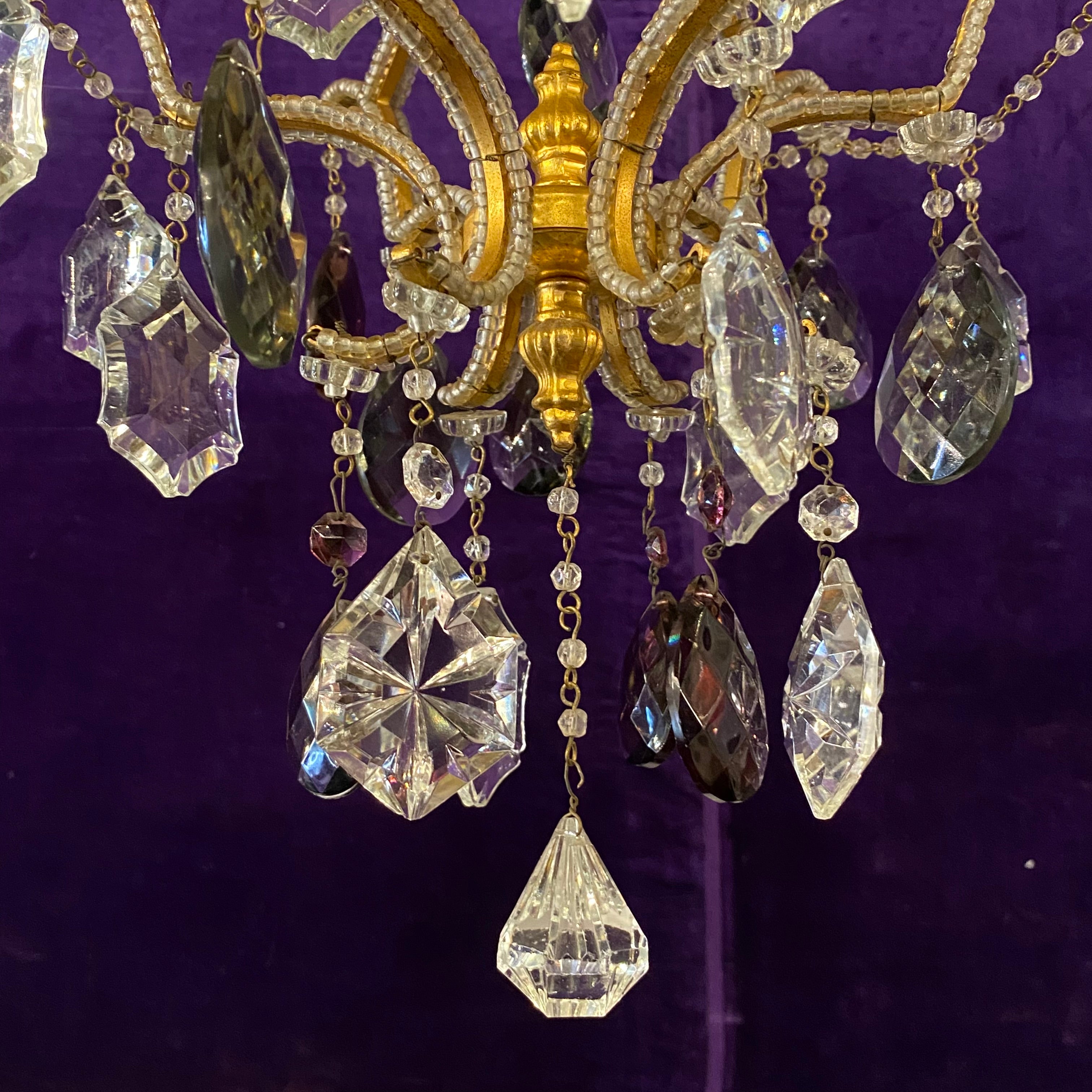 Antique Italian Cage Chandelier with Coloured Crystals