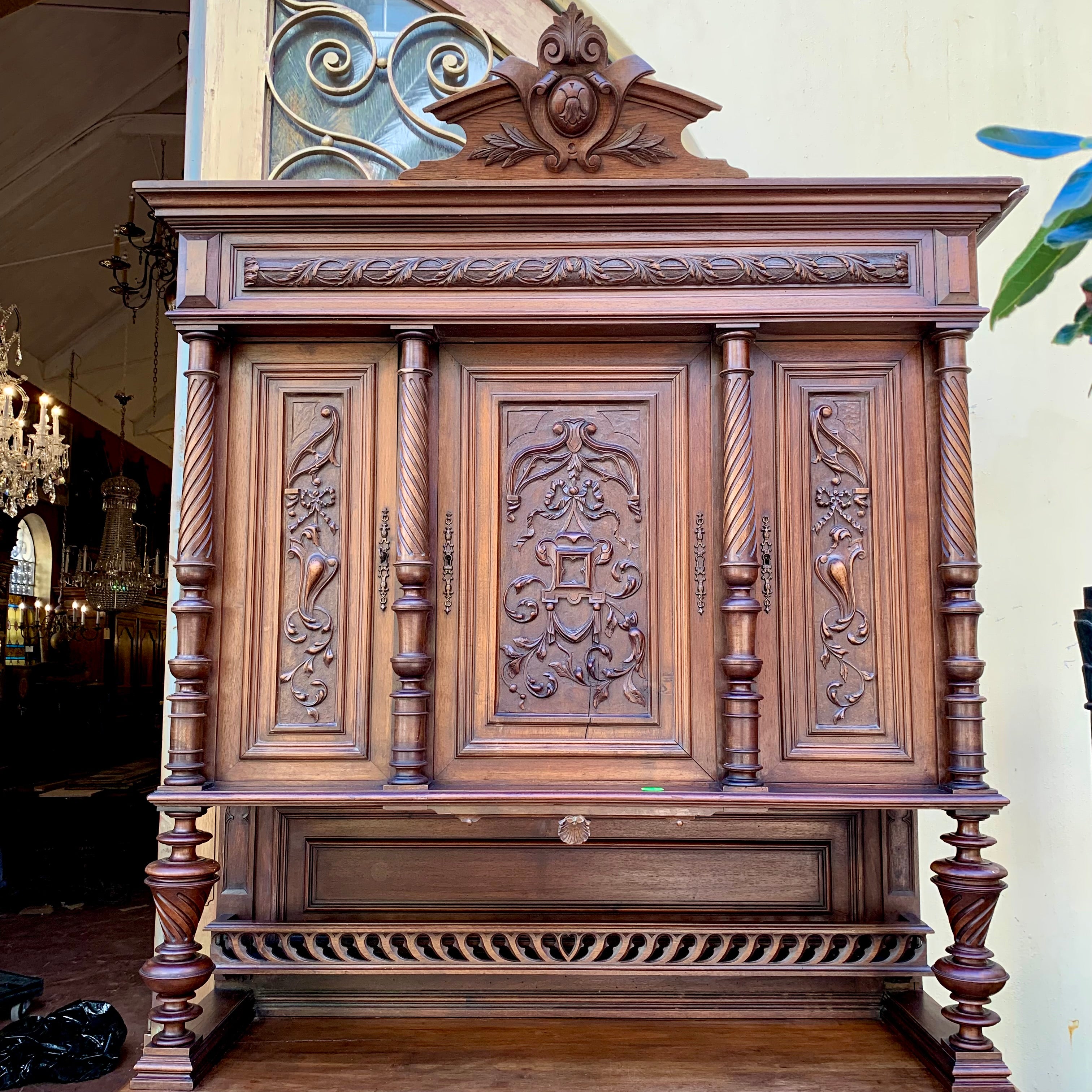 Large Antique Dark Oak French Carved Cabinet