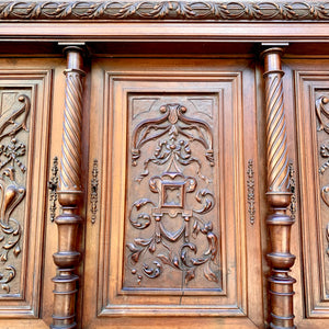 Large Antique Dark Oak French Carved Cabinet