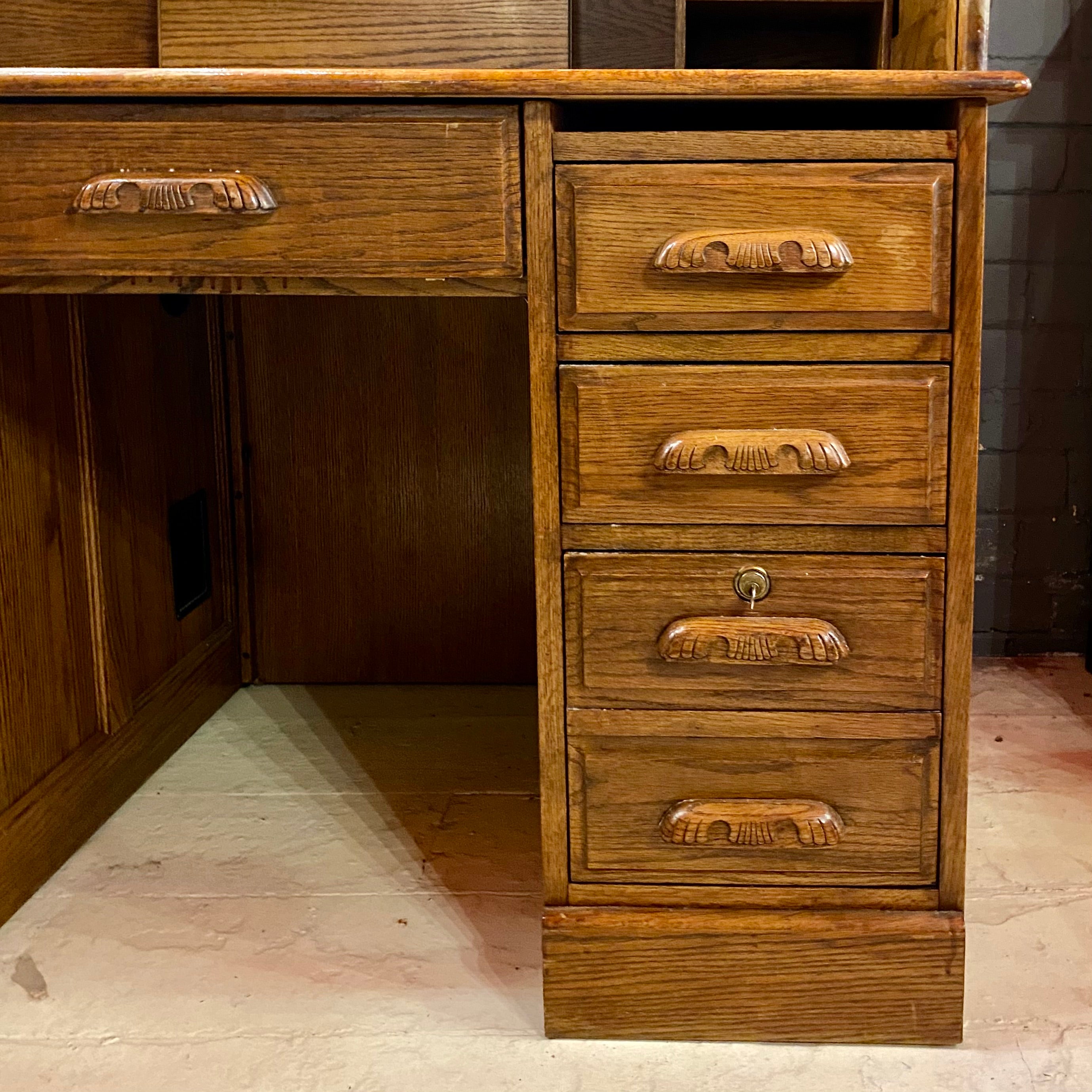 Large Vintage Teak Roll Top Desk with Brass Accents - SOLD