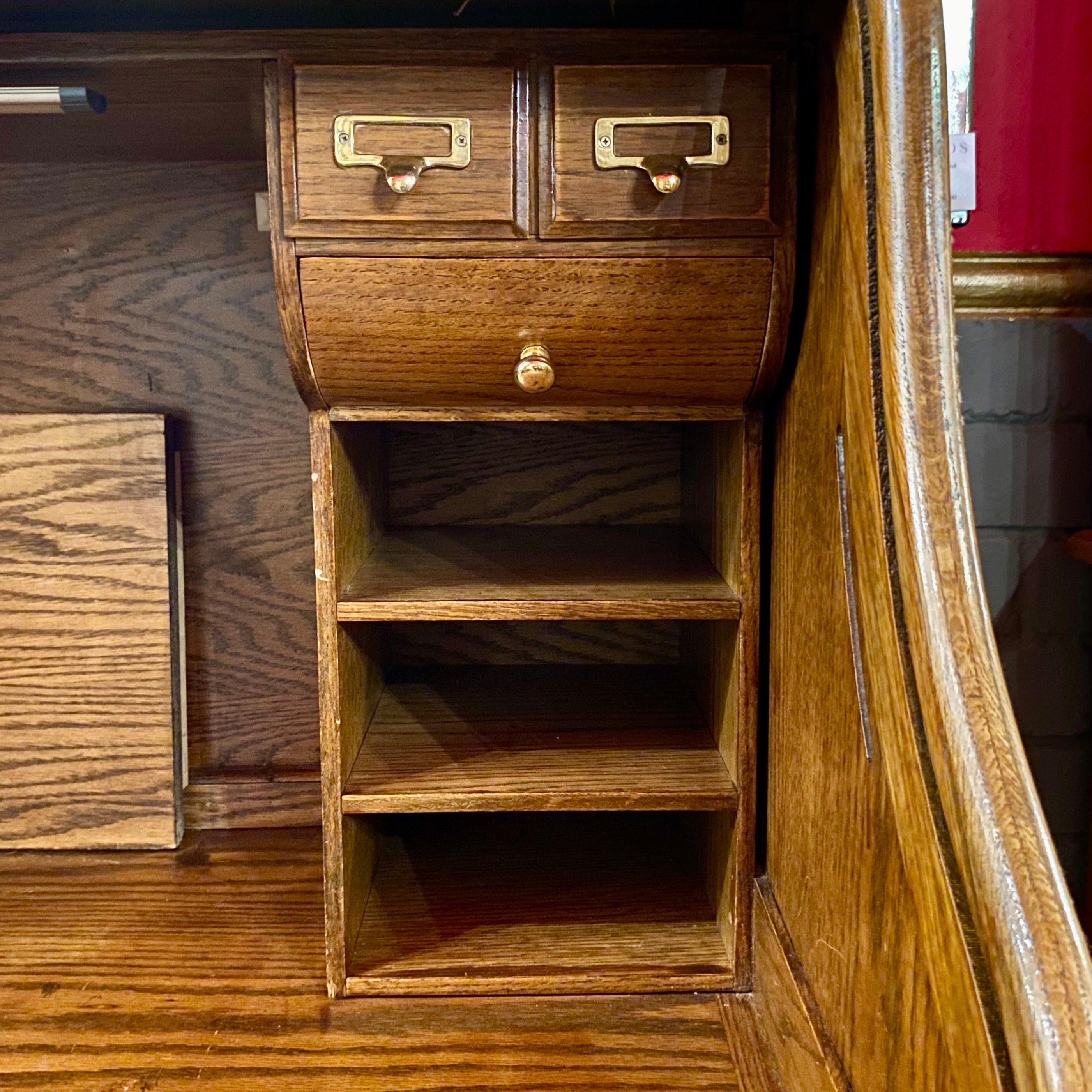 Large Vintage Teak Roll Top Desk with Brass Accents - SOLD