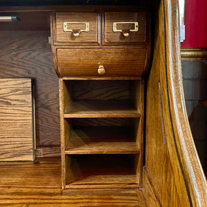 Large Vintage Teak Roll Top Desk with Brass Accents