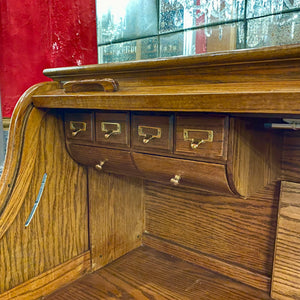 Large Vintage Teak Roll Top Desk with Brass Accents - SOLD