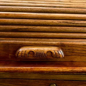 Large Vintage Teak Roll Top Desk with Brass Accents