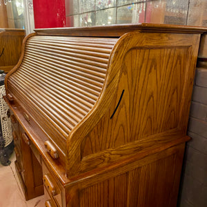 Large Vintage Teak Roll Top Desk with Brass Accents - SOLD