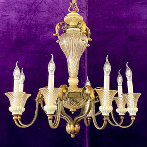 Large Wrought Iron and Glass Chandelier with Gilt Details