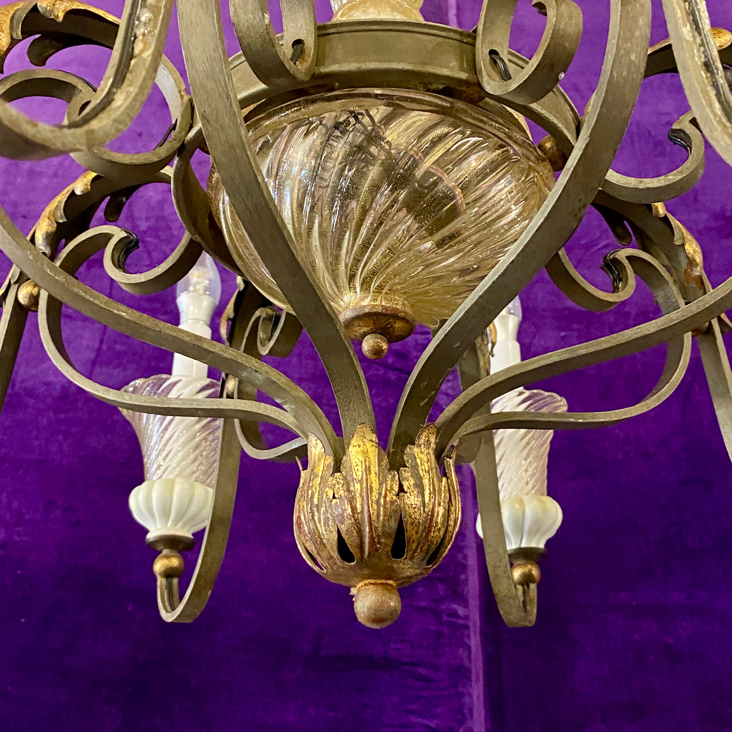 Large Wrought Iron and Glass Chandelier with Gilt Details