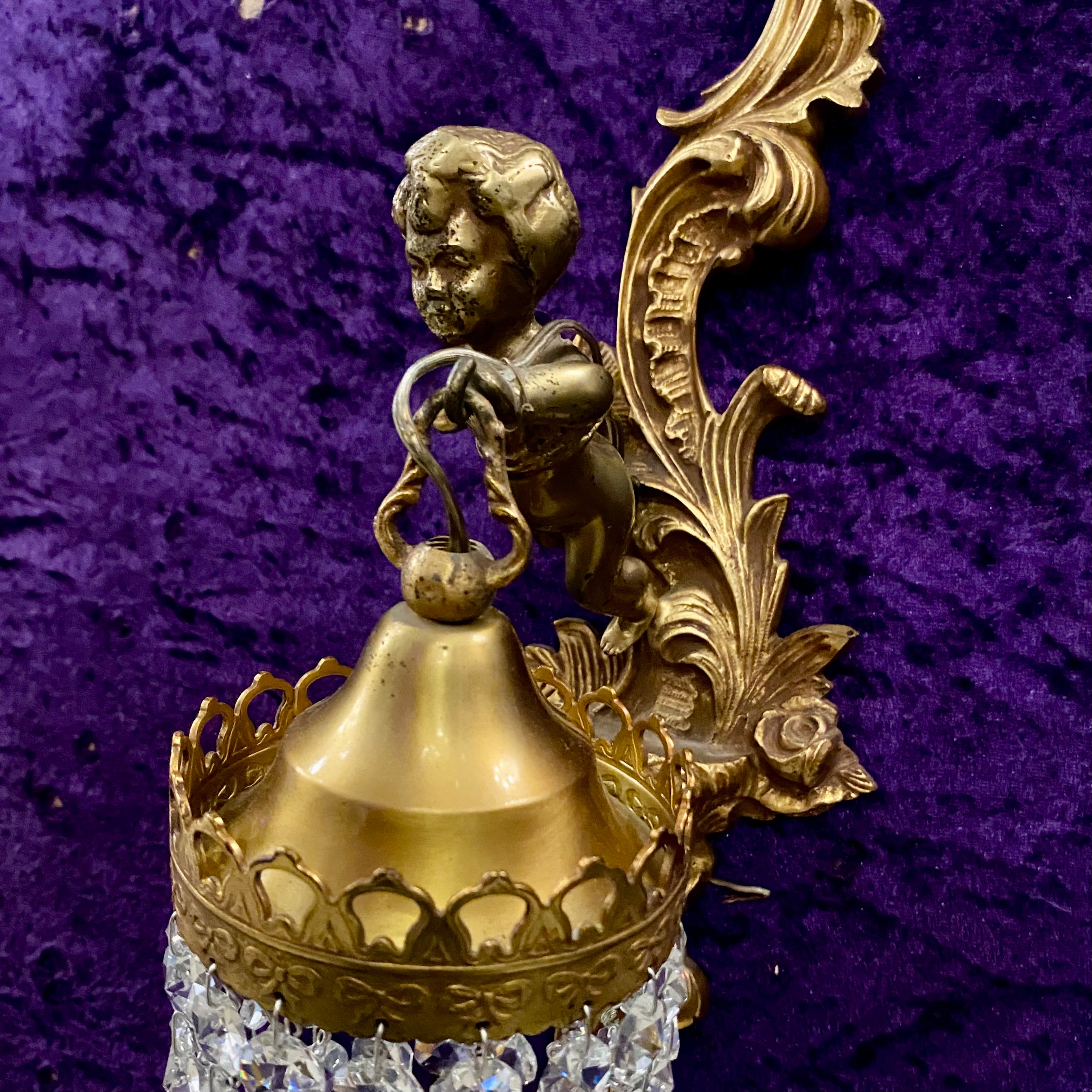 Antique Pair of Brass and Crystal Cherub Sconces - SOLD