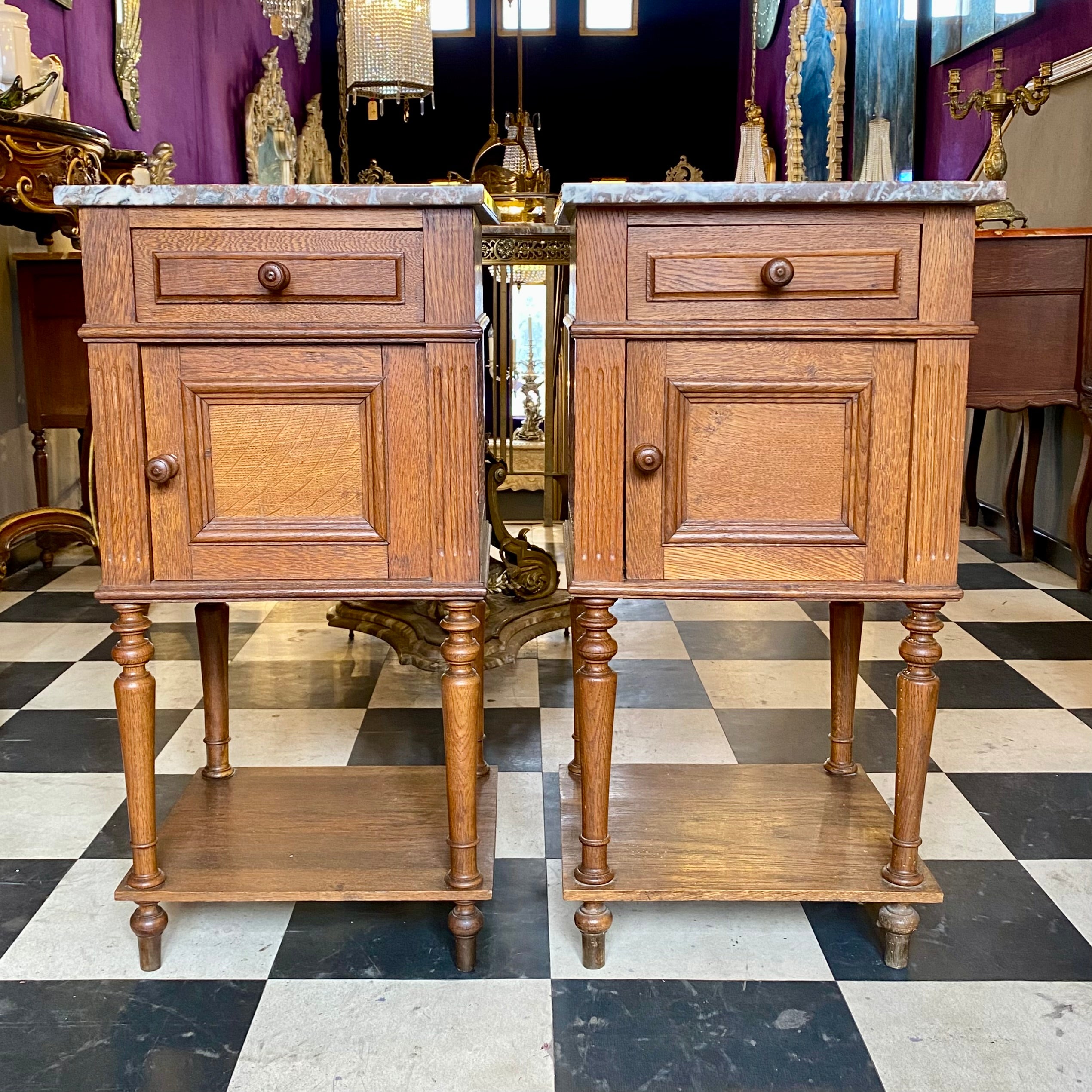 Antique French Oak Pedestals with Marble Tops - SOLD