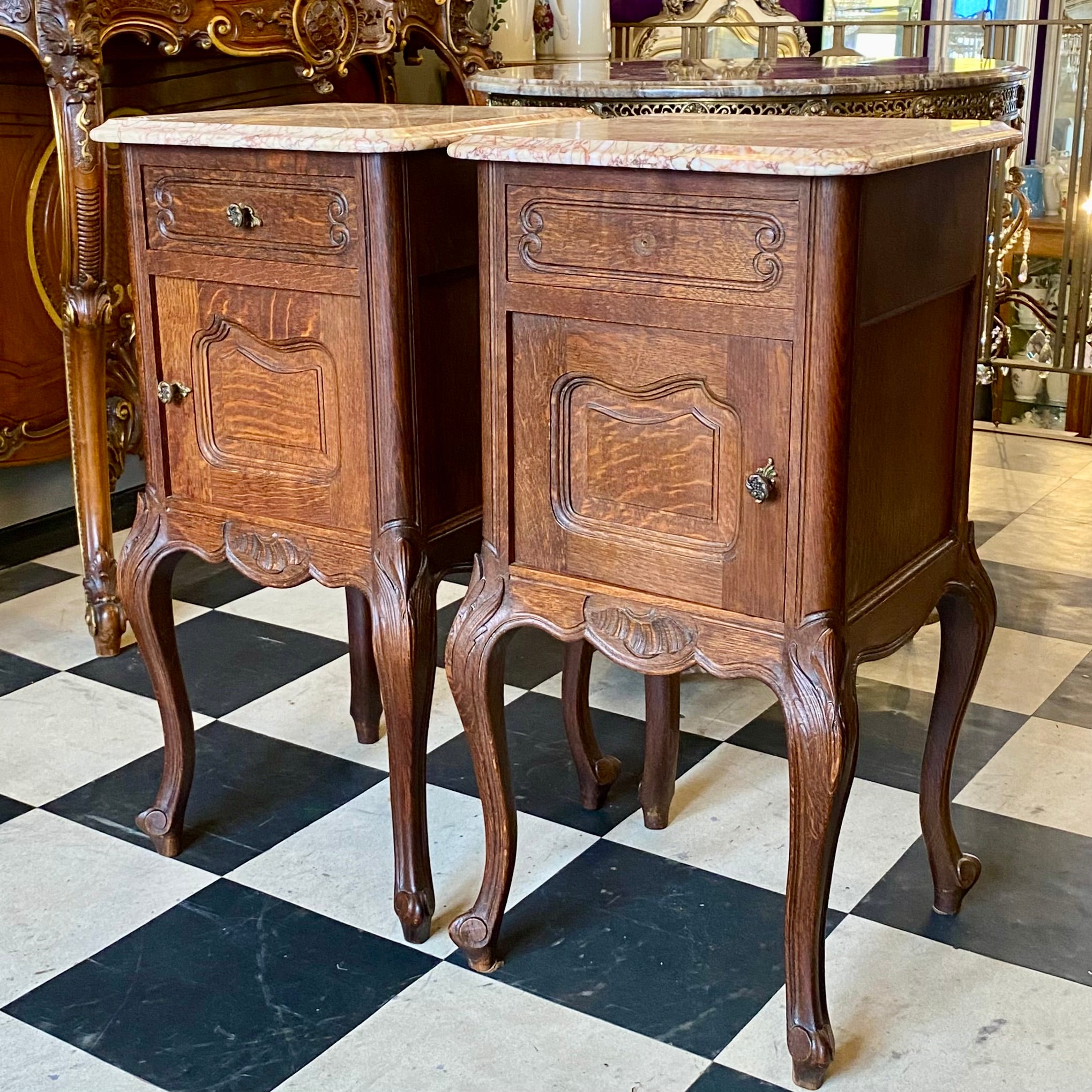 Antique Oak Pedestals with Pink Marble Tops