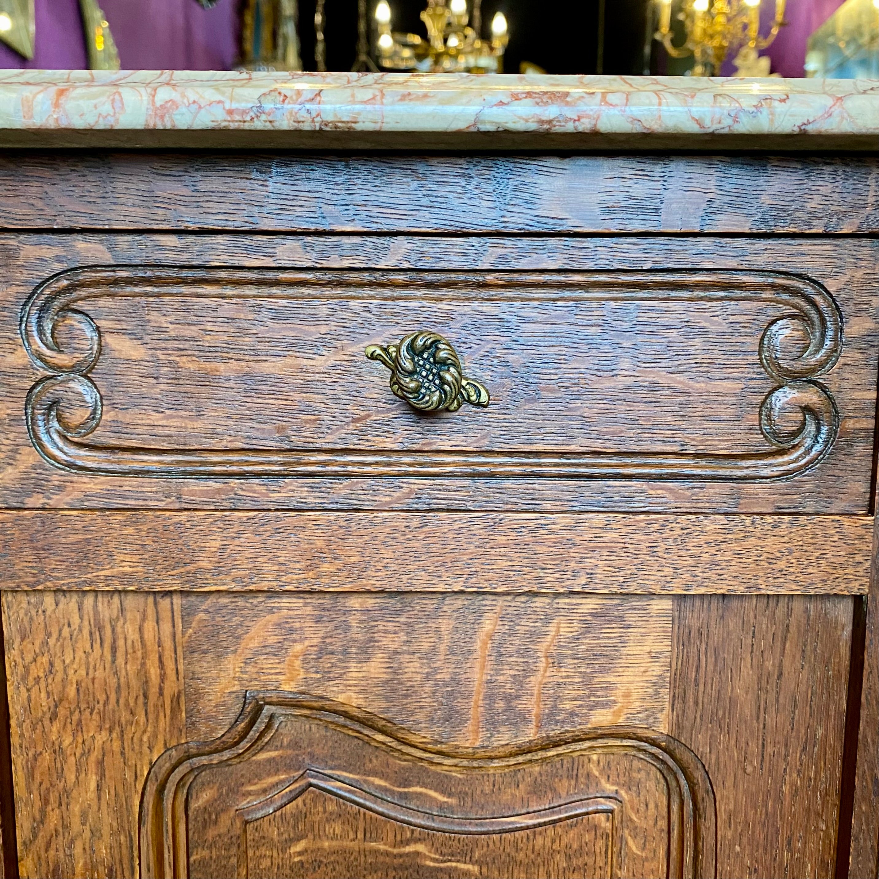 Antique Oak Pedestals with Pink Marble Tops