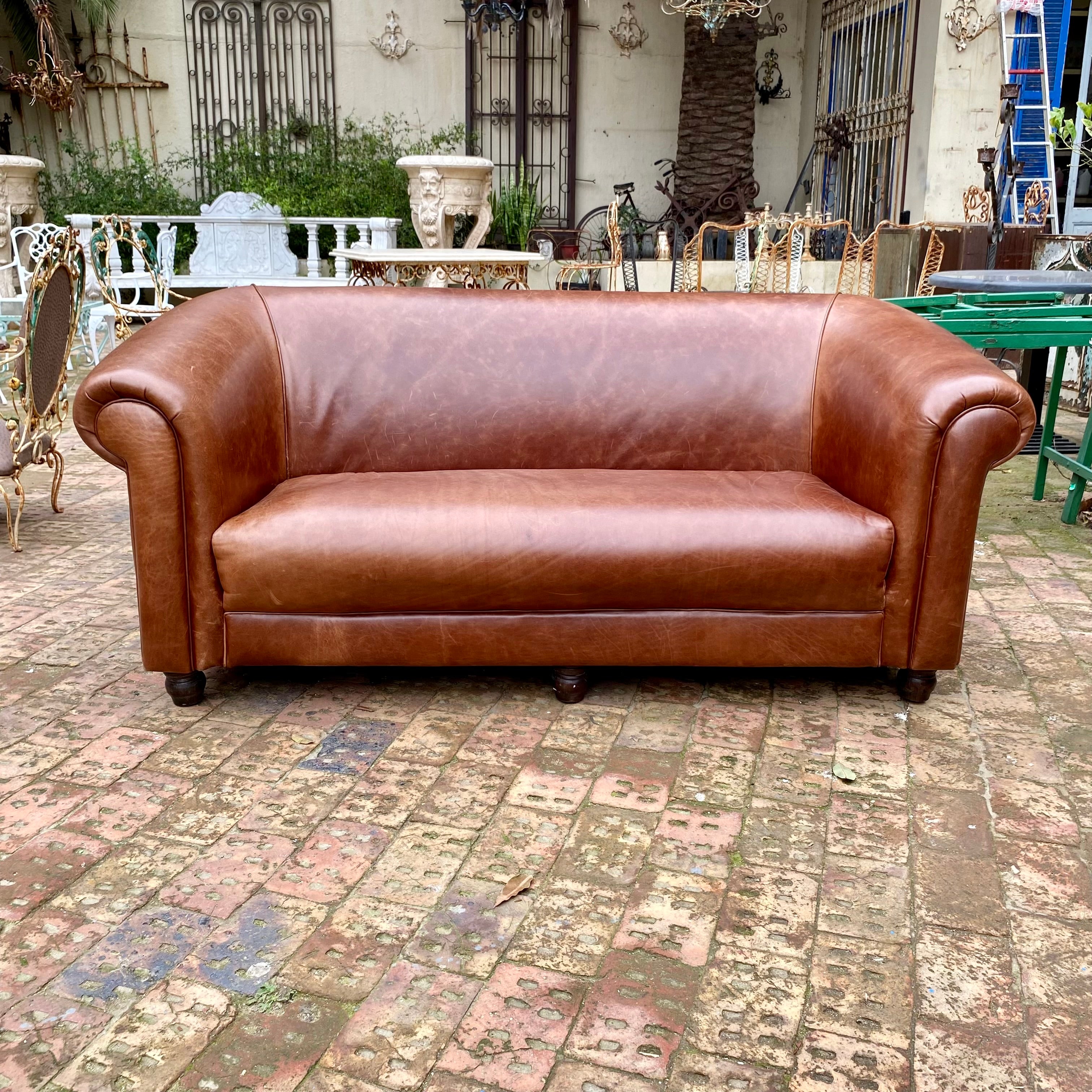 Vintage Leather Sofa with Bun Feet - SOLD