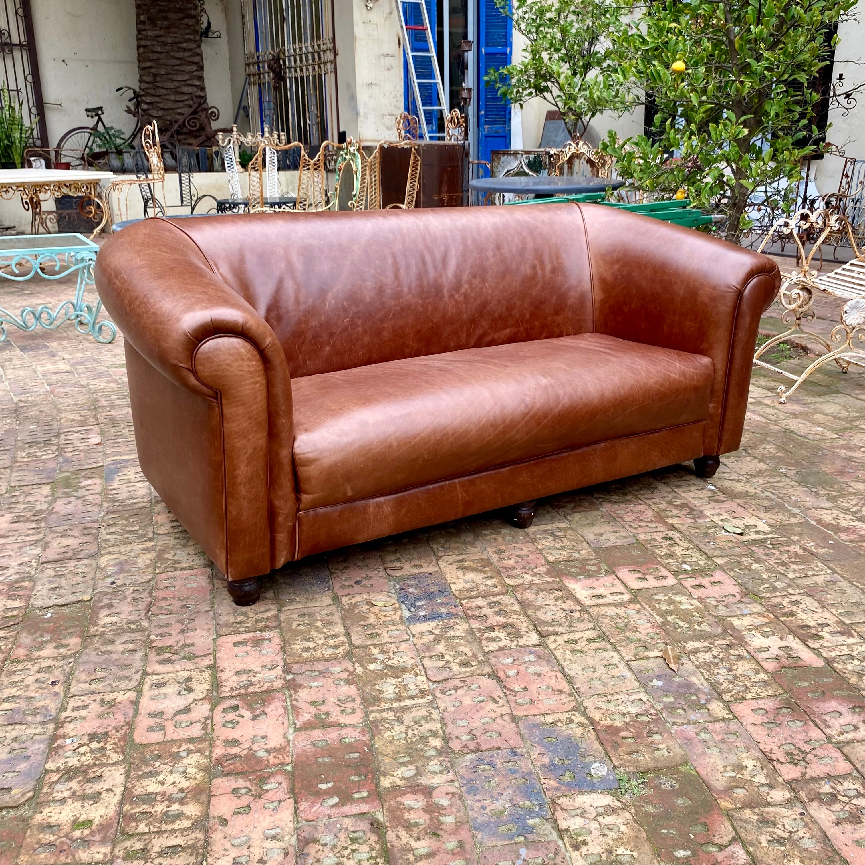 Vintage Leather Sofa with Bun Feet - SOLD