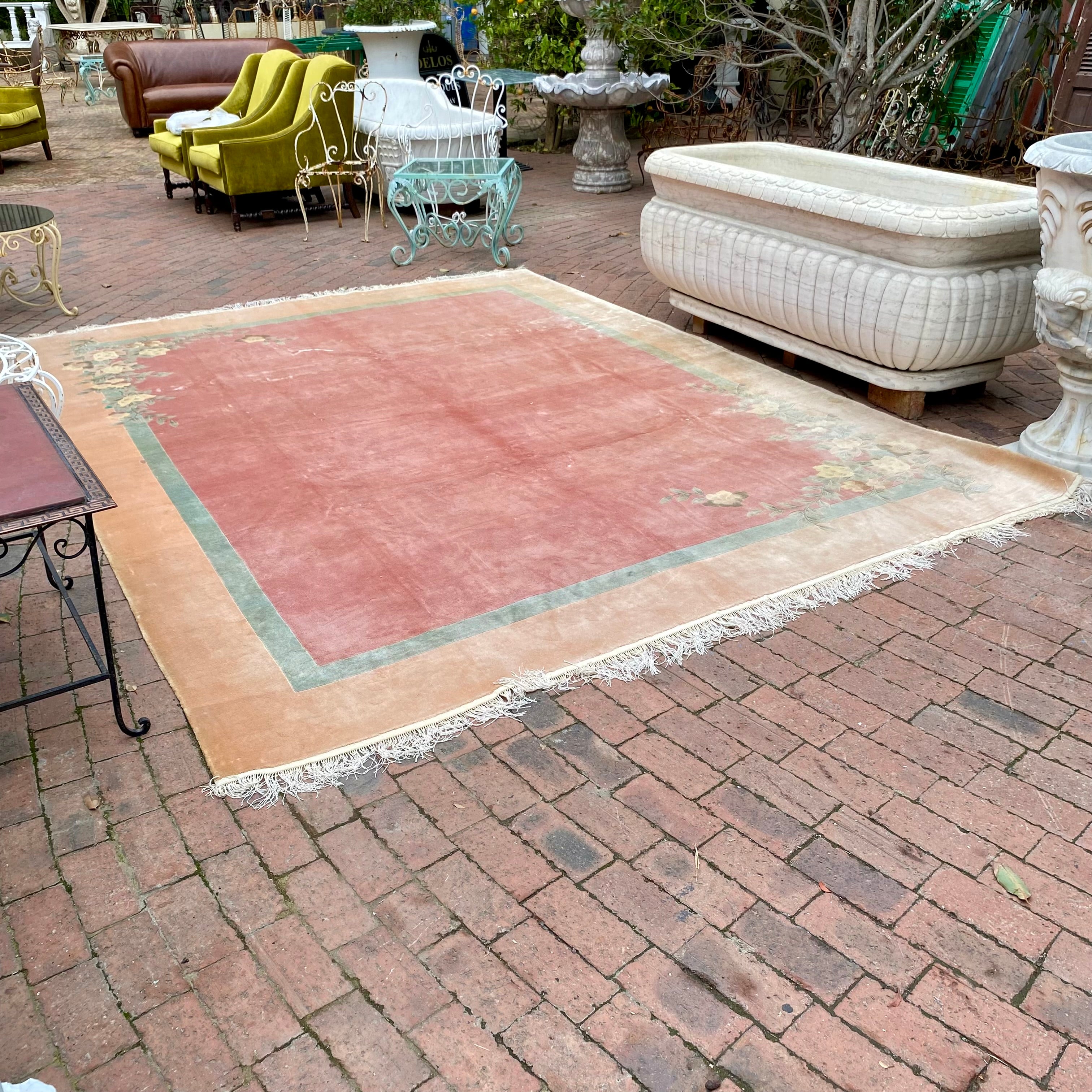 Large Vintage Muted Tone Carpet with Floral Detail