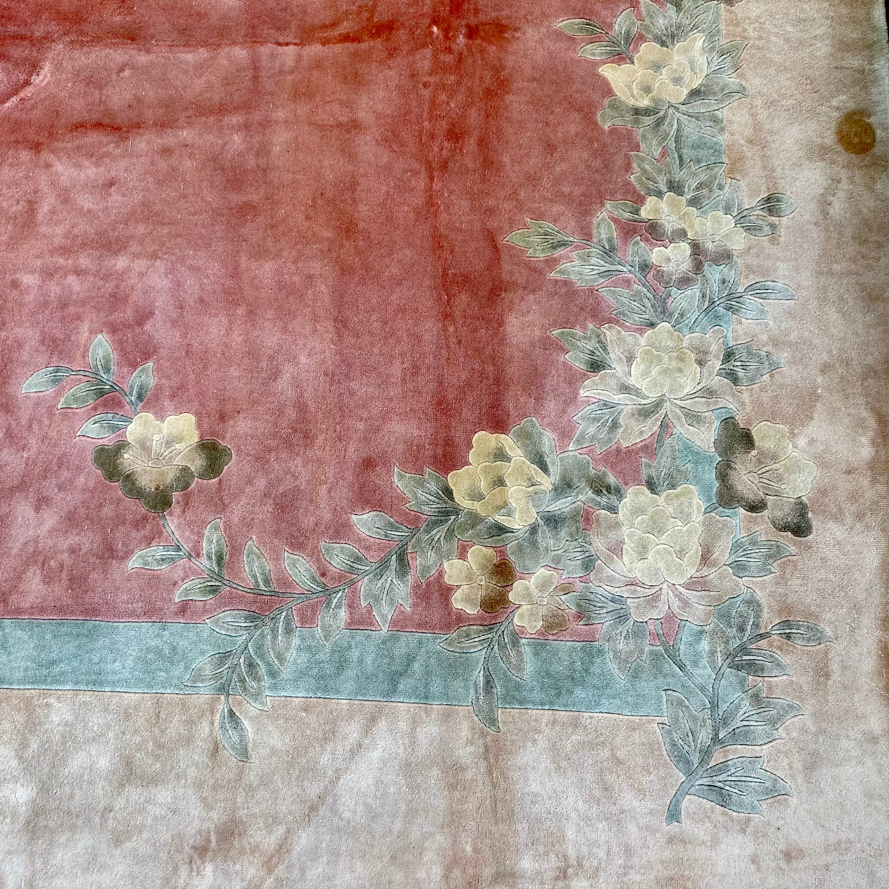 Large Vintage Muted Tone Carpet with Floral Detail
