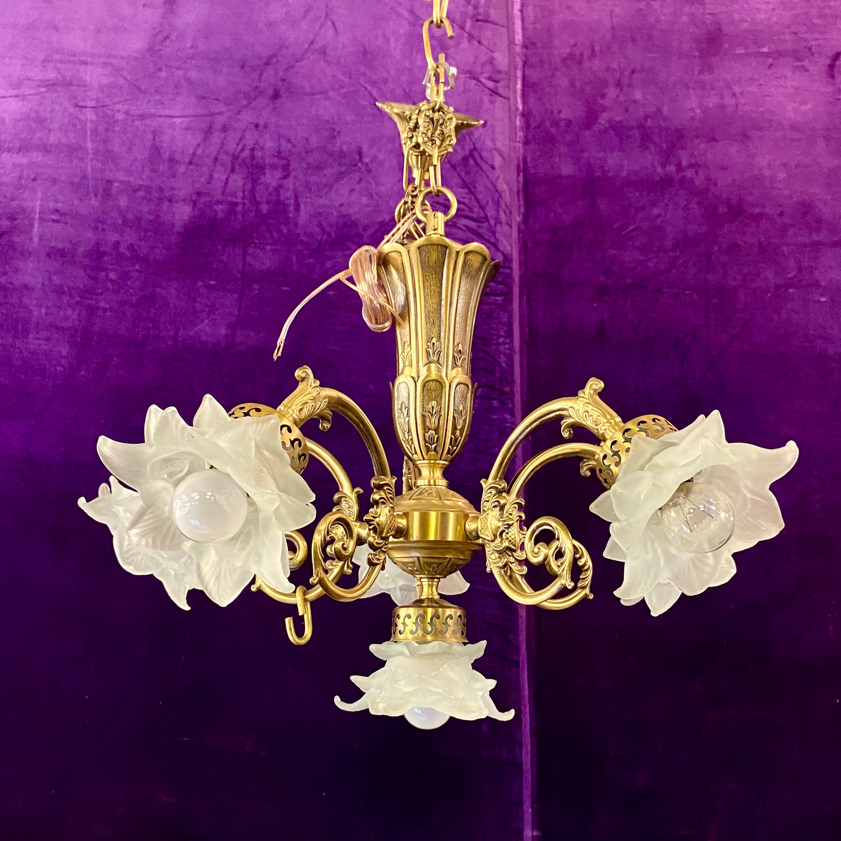 Pretty Antique Brass Chandelier with Frosted Rose Shades