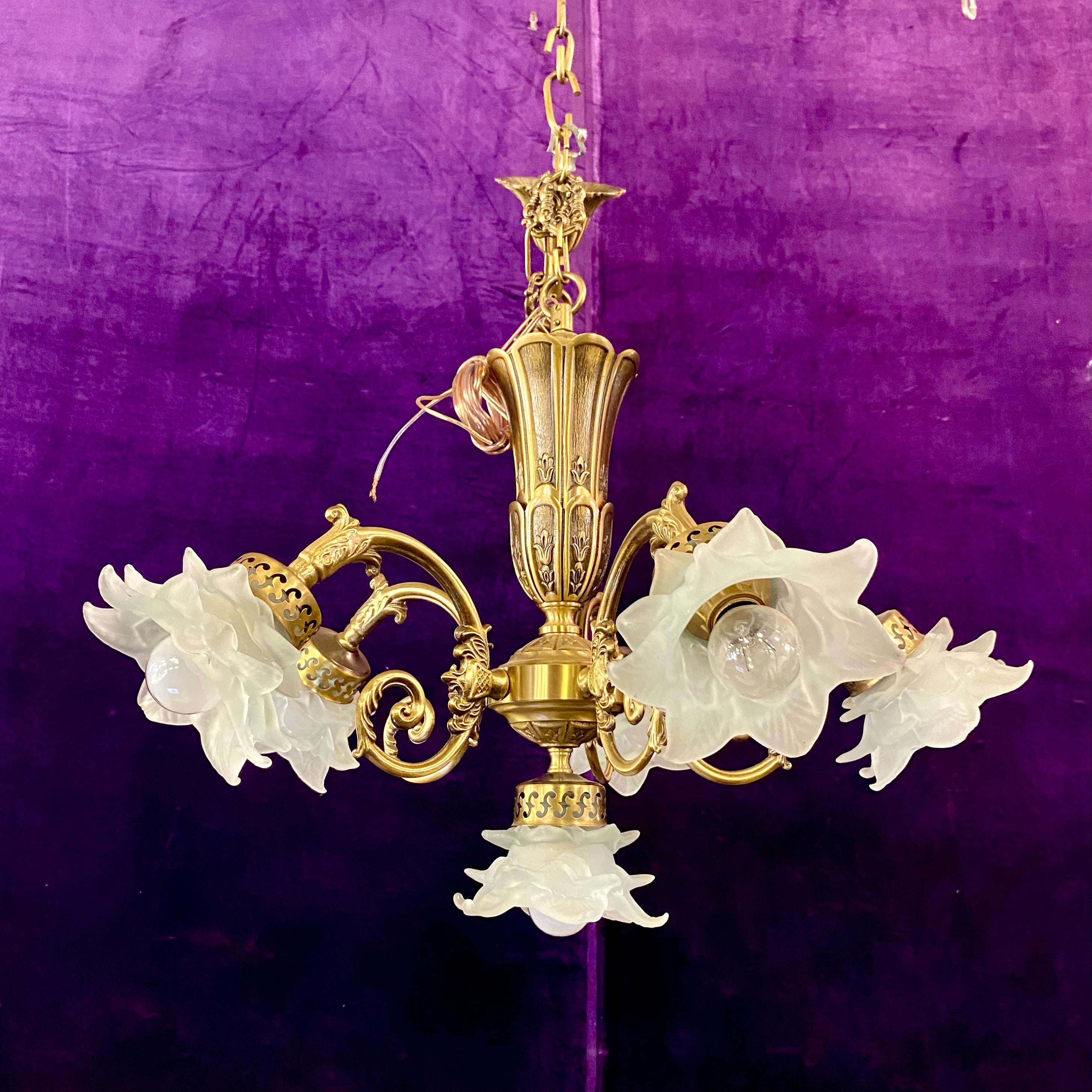 Pretty Antique Brass Chandelier with Frosted Rose Shades