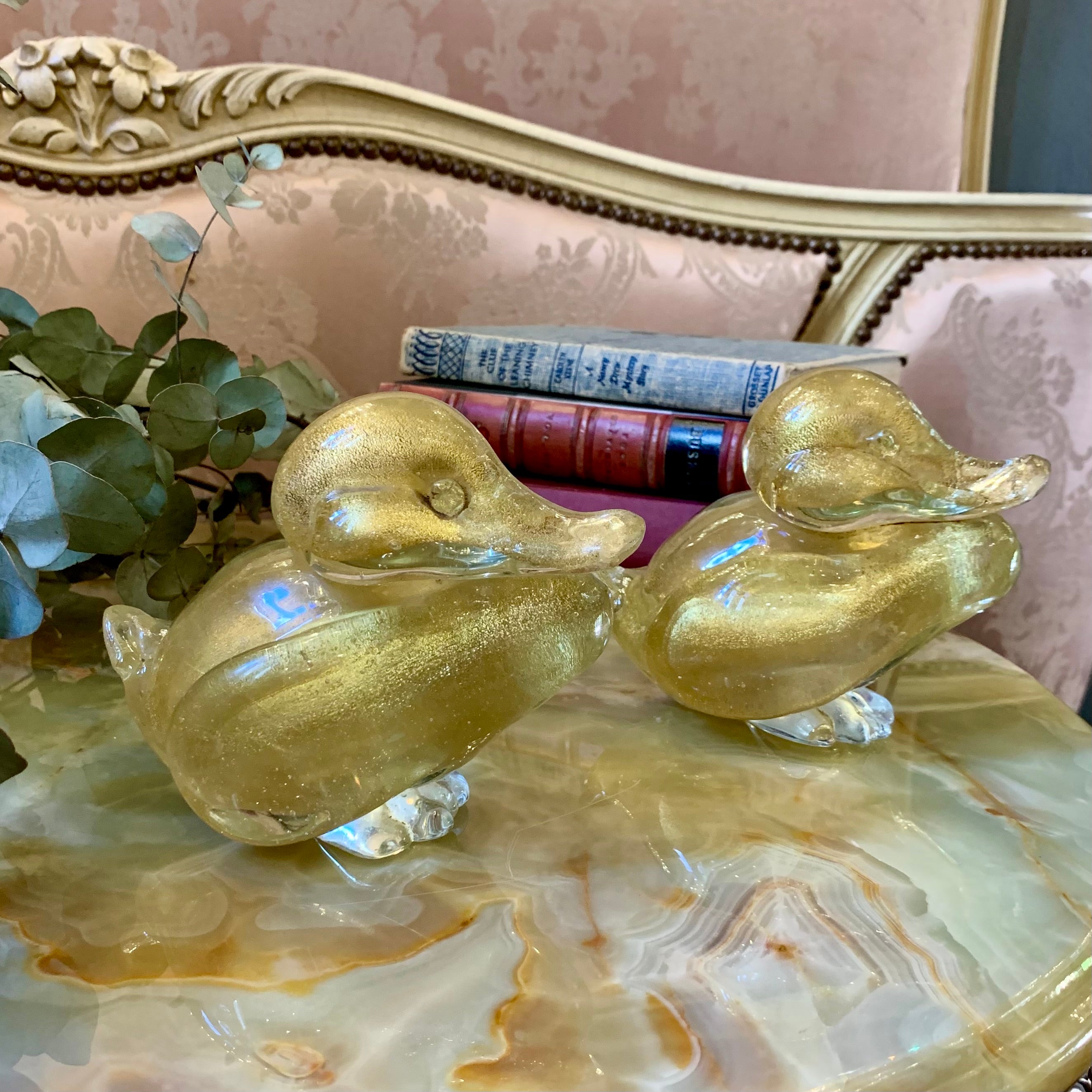 Pair of Golden Murano Duck Ornament