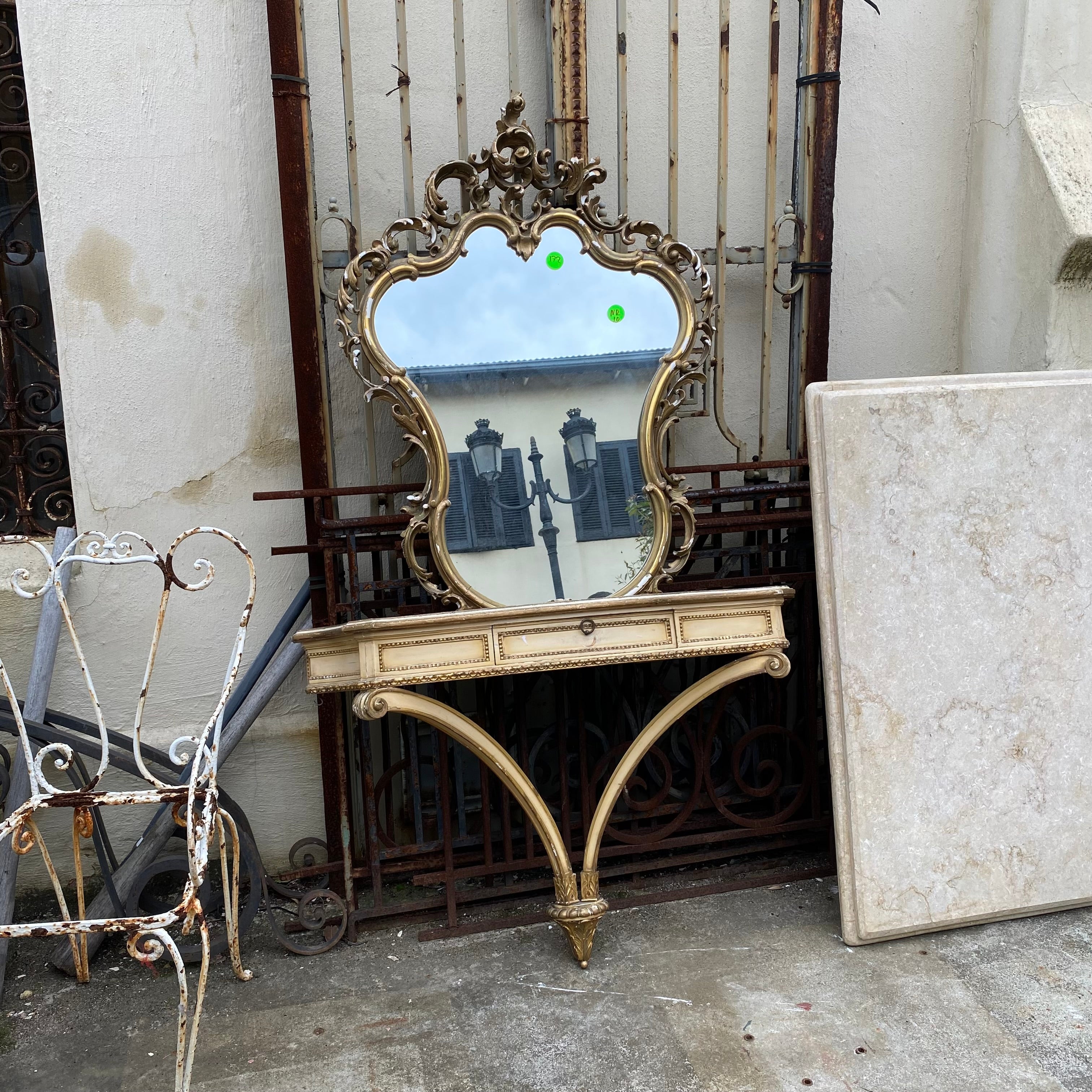 Antique Painted Mirror and Console Set with Marble Top