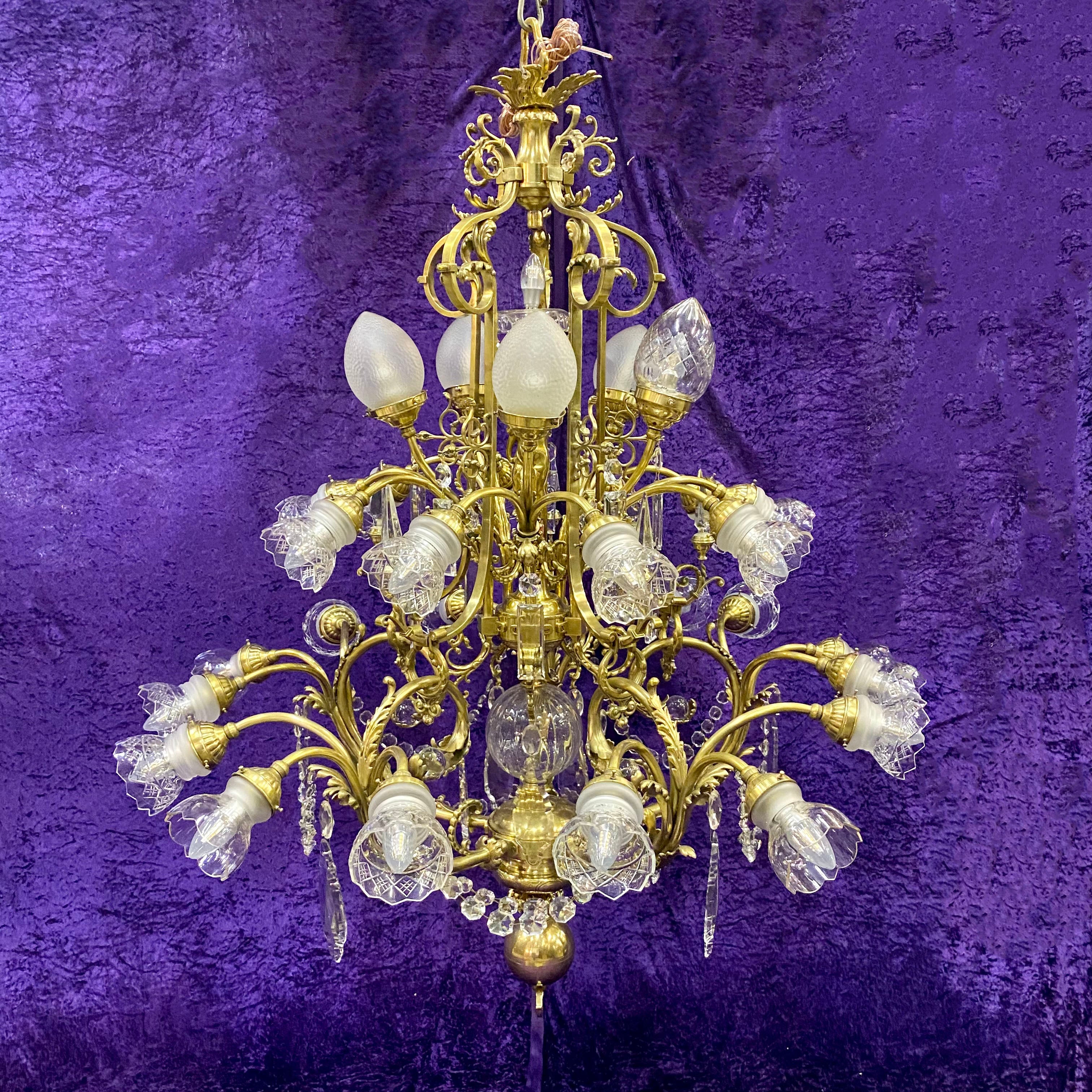 Antique Cast Brass Chandelier with Original Crystals & Glass Shades