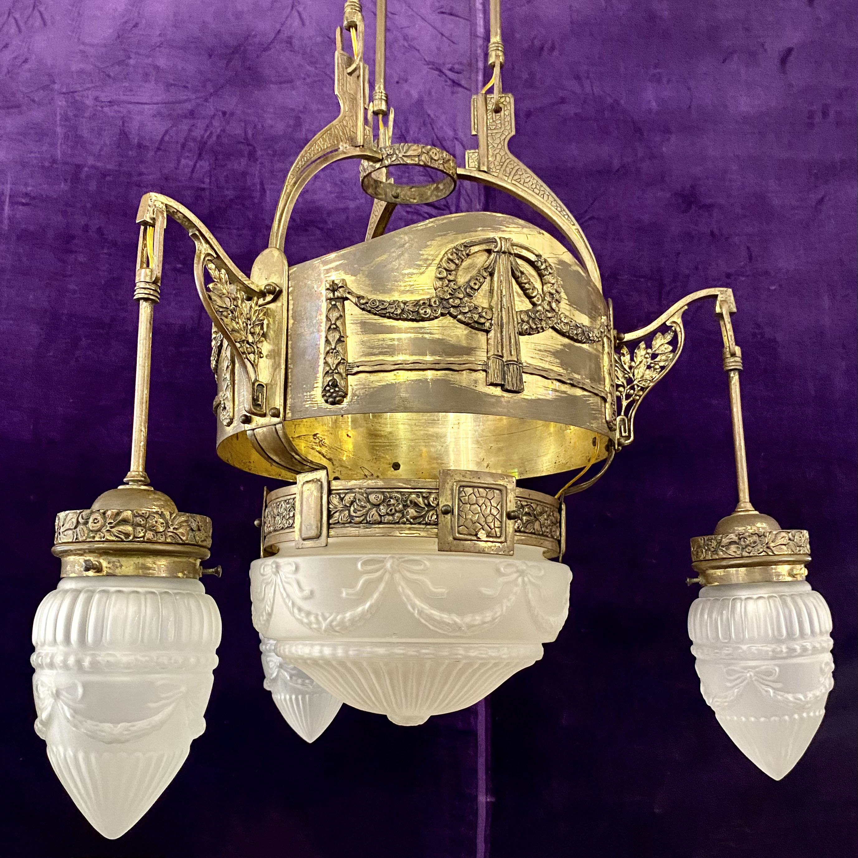 Empire Era Brass Pendant with Original Glass Shades