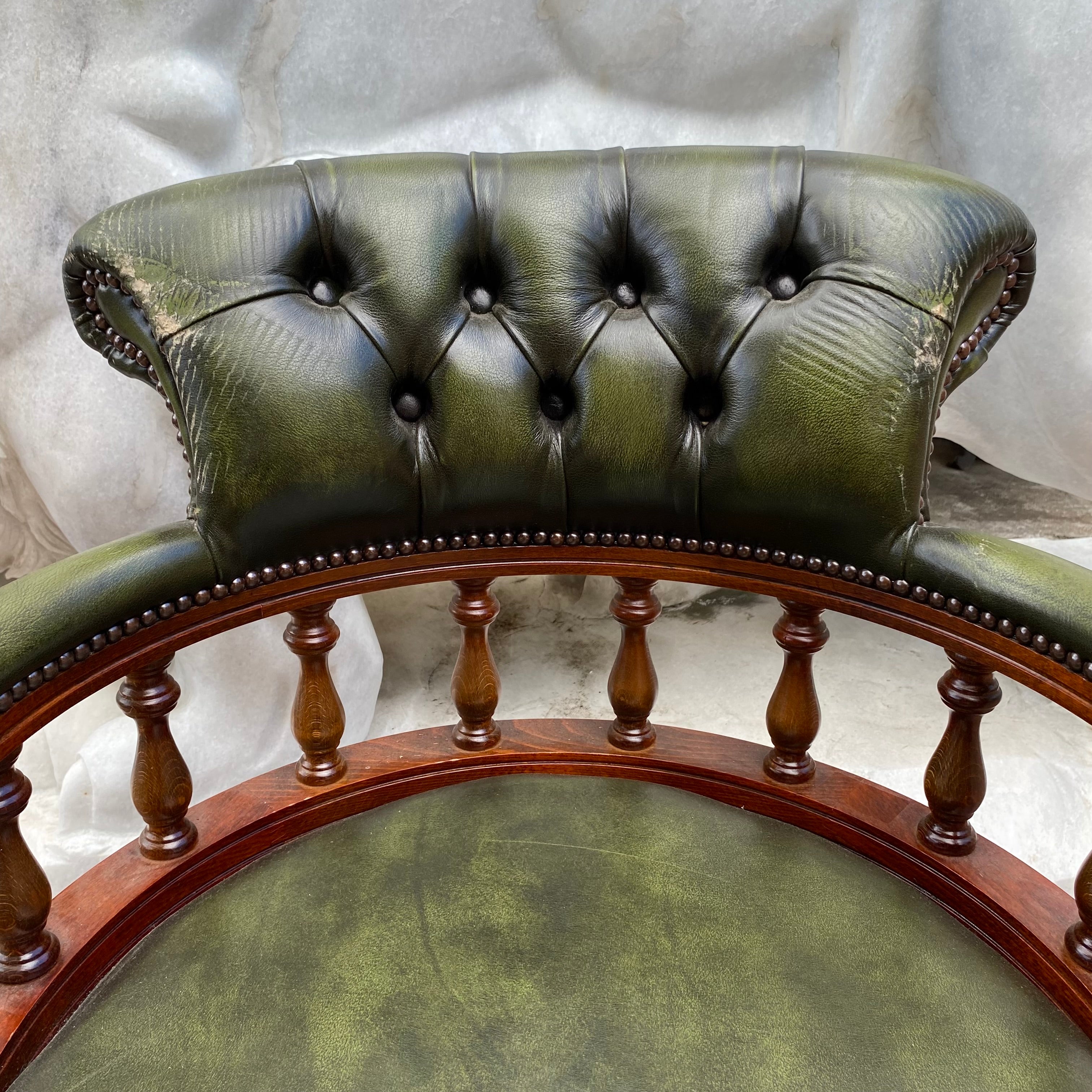 Beautiful Antique Green Leather Captain's Chair - SOLD