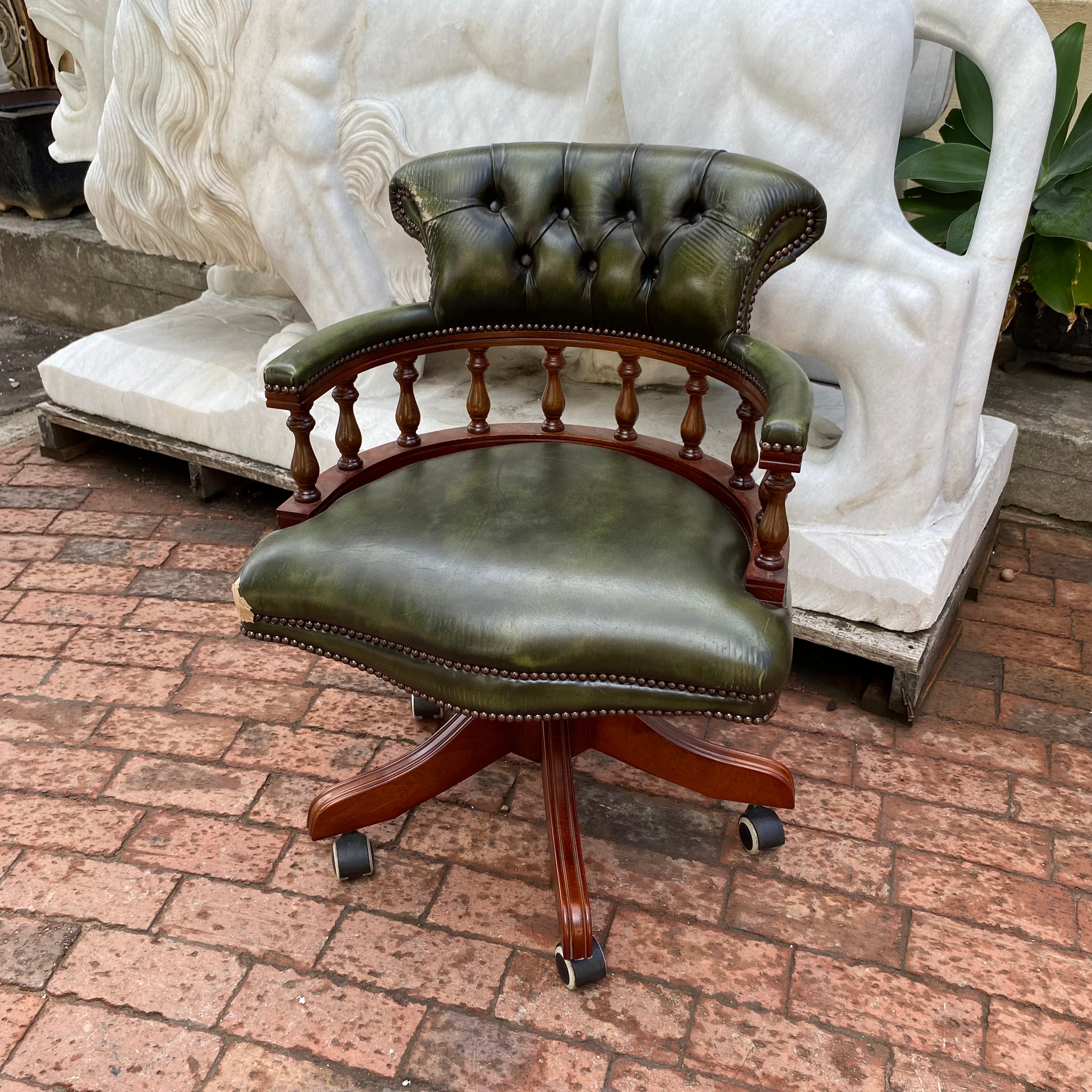 Beautiful Antique Green Leather Captain's Chair - SOLD